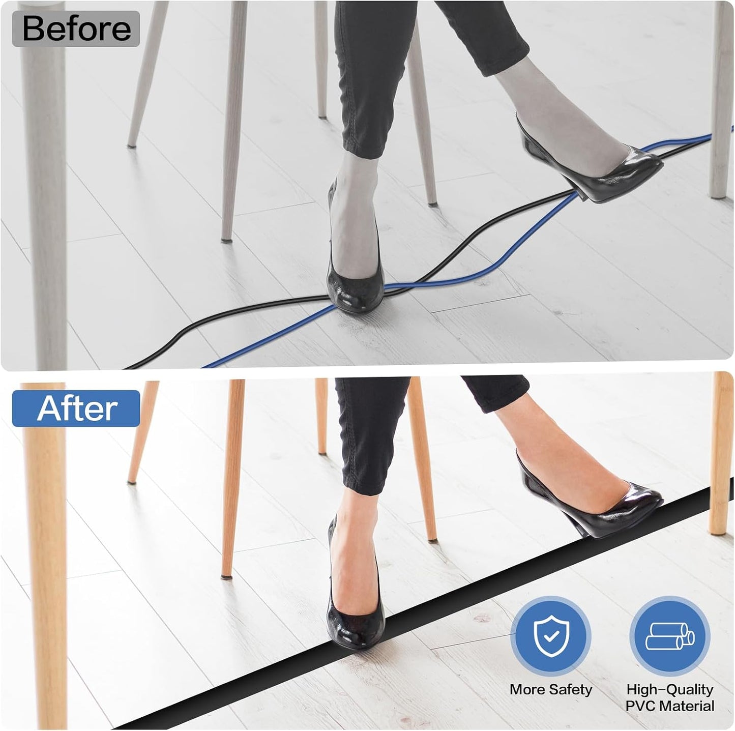 LSGCQ Floor Cord Cover Self Adhesive Cord Hider Floor Cable Management | Cord Covers for Wires on Floor Cable Cover, Prevent Cable Trips, Cable Cavity 0.59" W x 0.31" H, 20Ft, Black
