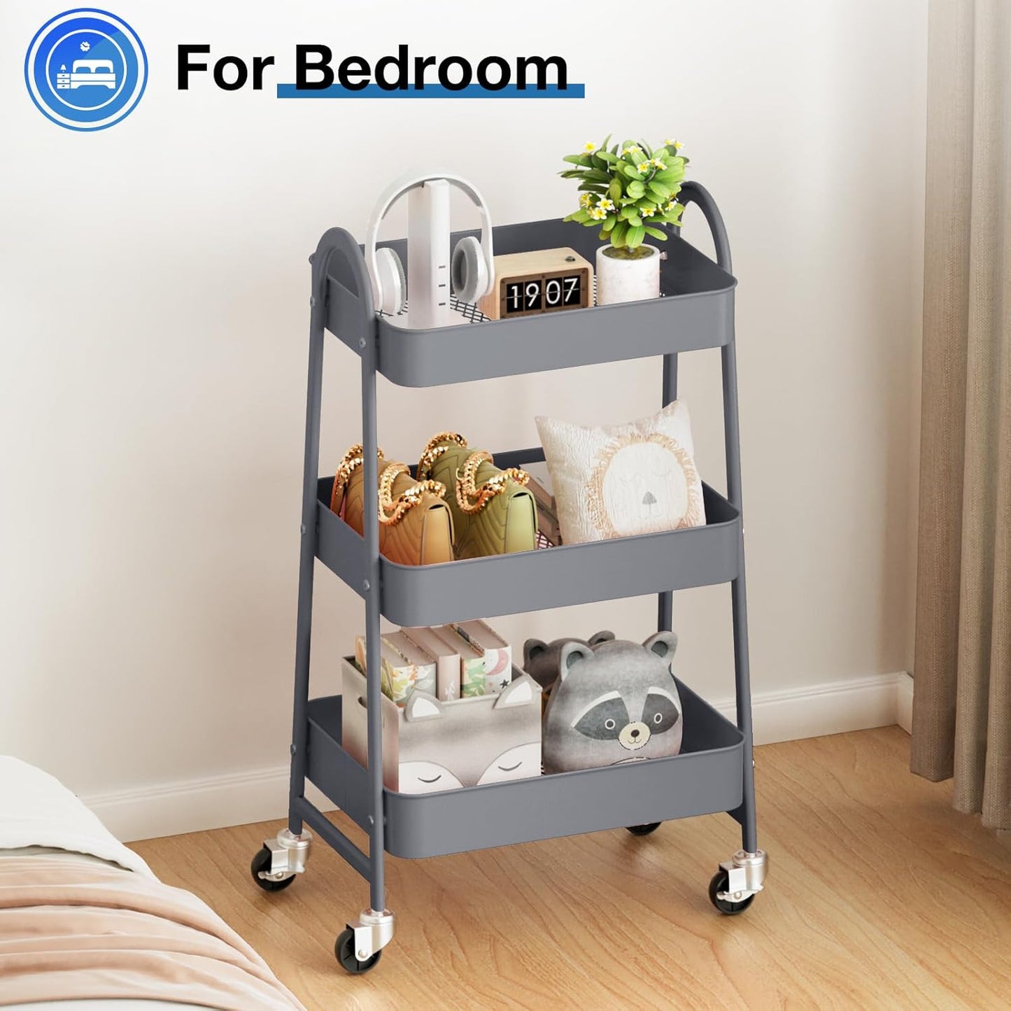 OLIXIS Metal 3 Tiers Utility Rolling Cart, Mobile Storage Shelf with Lockable Caster Wheels, Organization for Livingroom, Bathroom & Narrow Places, Gray