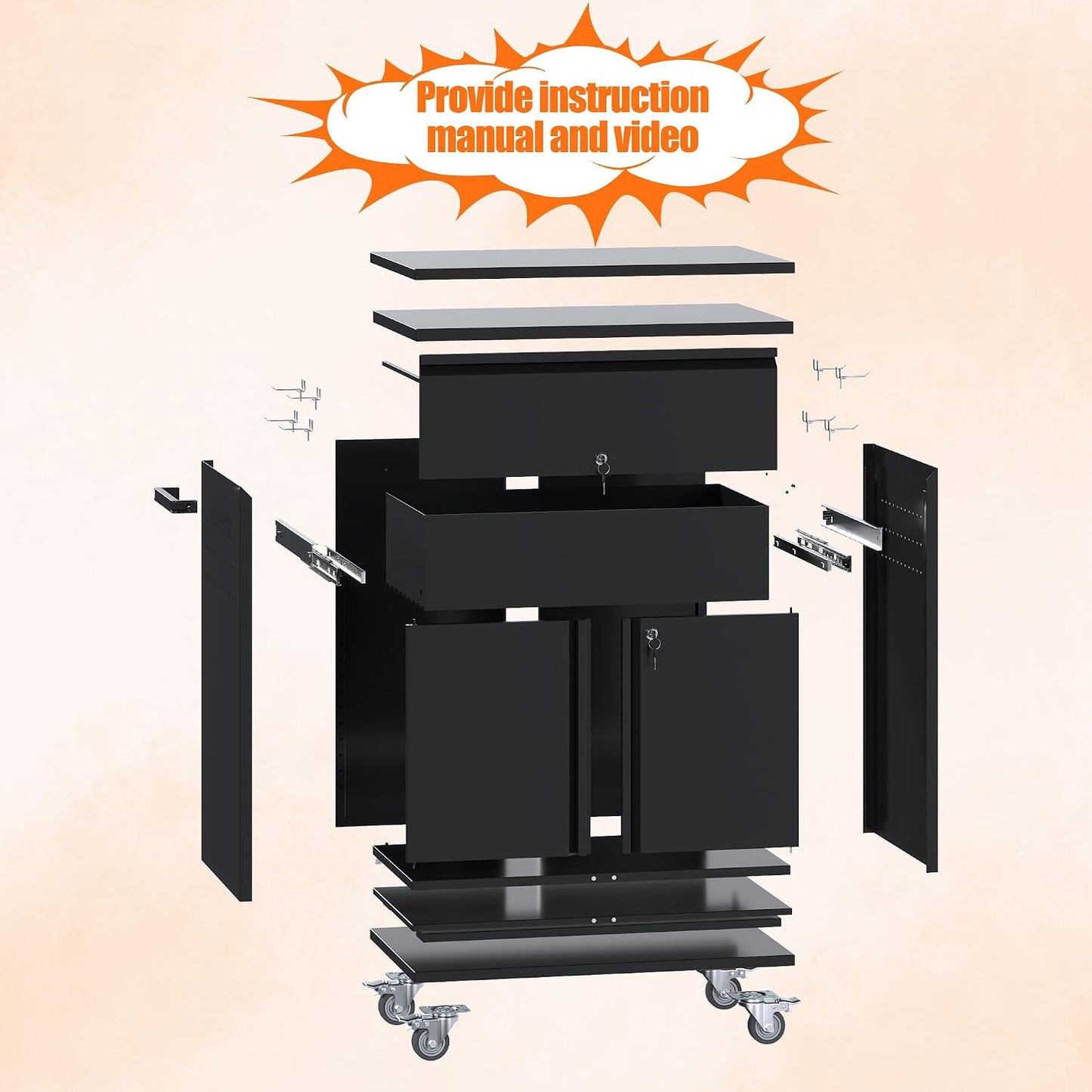 Aobabo Metal Garage Cabinet on Wheels with 1 Drawer,Assembly Required | 18.11"D x 30.31"W x 35.43"H with pegboard, 4 hooks, lockable drawer and doors, adjustable shelf, handle, and 4 casters