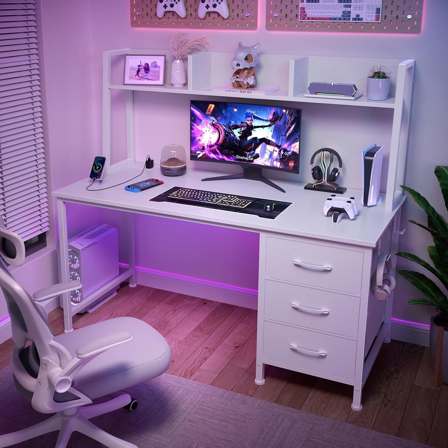 DLisiting White Computer Desk with Hutch & Drawers - 47 Inch Modern Study Writing Office Desk with 3 Storage Drawers and Power Outlets for Bedroom Home Office