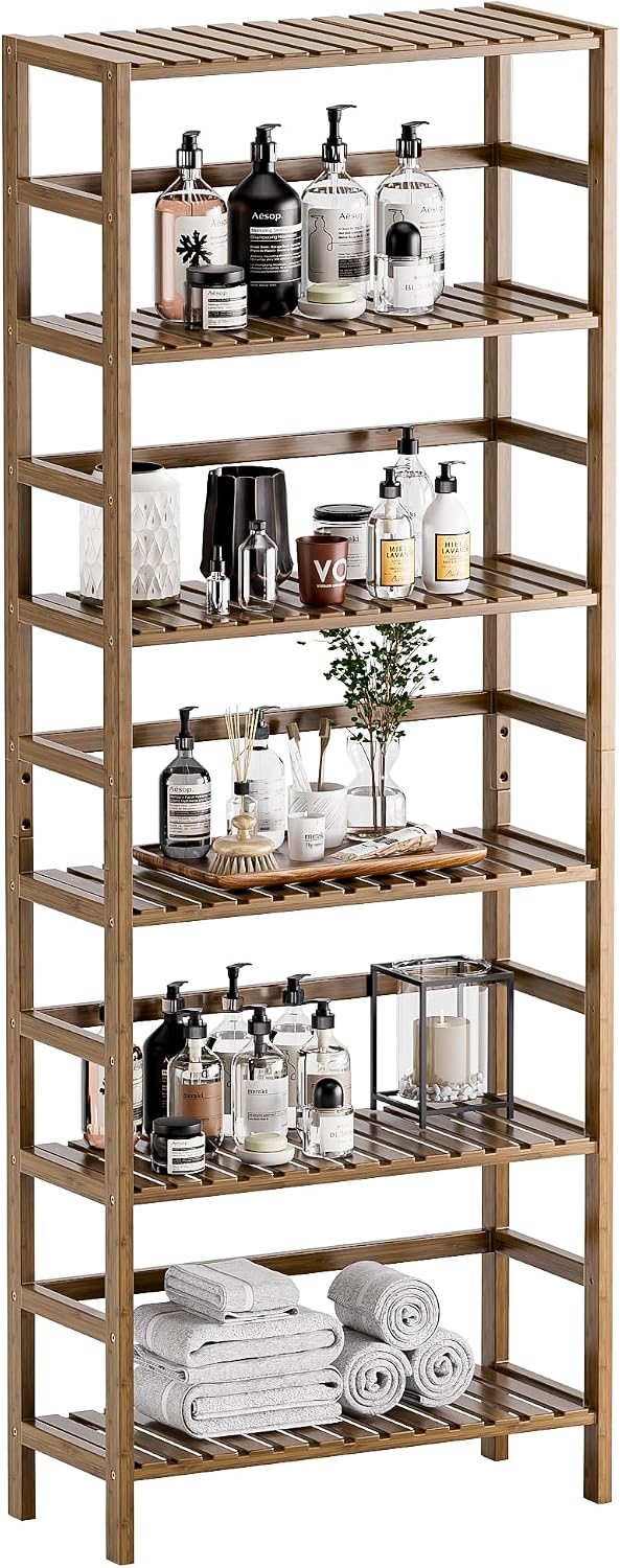 HITNET Bookcase, Bamboo Bookshelf, 6-Tier Adjustable Tall Open Book Shelf, Free Standing Storage Shelves Organizer, Flower Plant Display Stand, Walnut