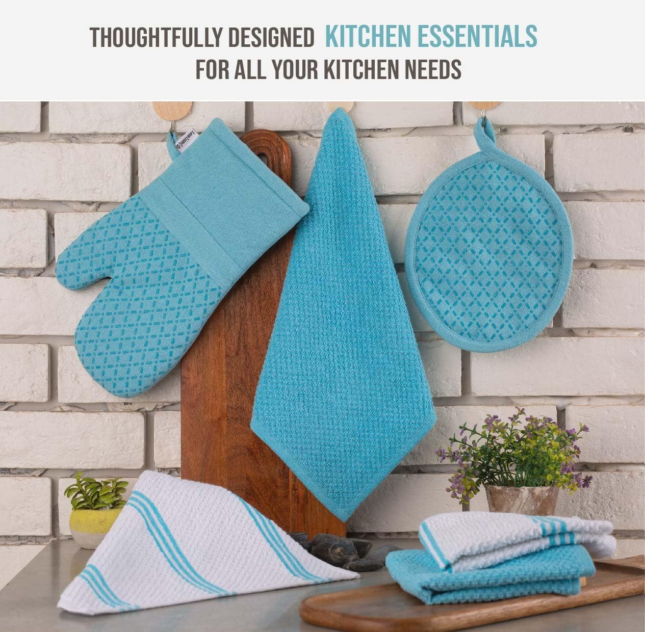 Lane Linen 16Pc Kitchen Towel Set - Heat Resistant Oven Mitts & Pot Holders, Reusable Dish Cloths, Absorbent Hand Towels - Aqua