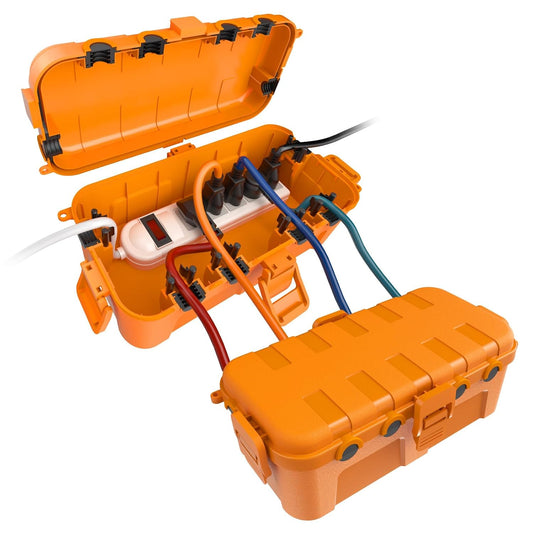Flemoon Medium Outdoor Electrical Box, IP54 Waterproof Extension Cord Cover | Inner Size 9.4 x 4.3 x 3.2 Inch, 6 Cable Entry Ports, Weatherproof Connection Box for Outlet, Holiday Lights, Orange, 2 Pack