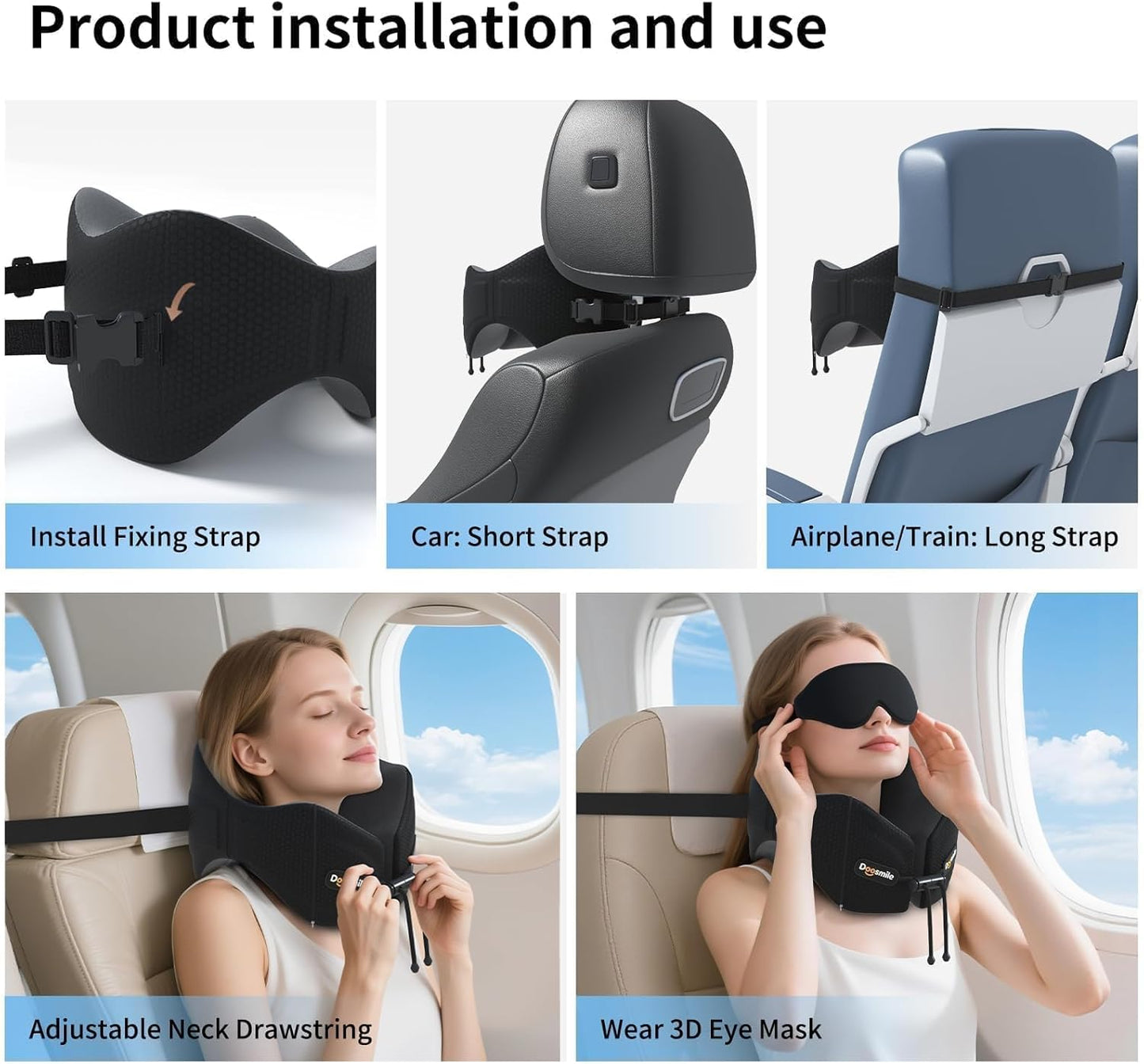 Patented Head-Bobble-preventing Ergonomic 360° Supporting Golden Formula Memory Foam Travel Neck Pillow w/3D Contoured Eye Mask Set Long Trip Sleeping Essentials for Airplane Flight Car Bus