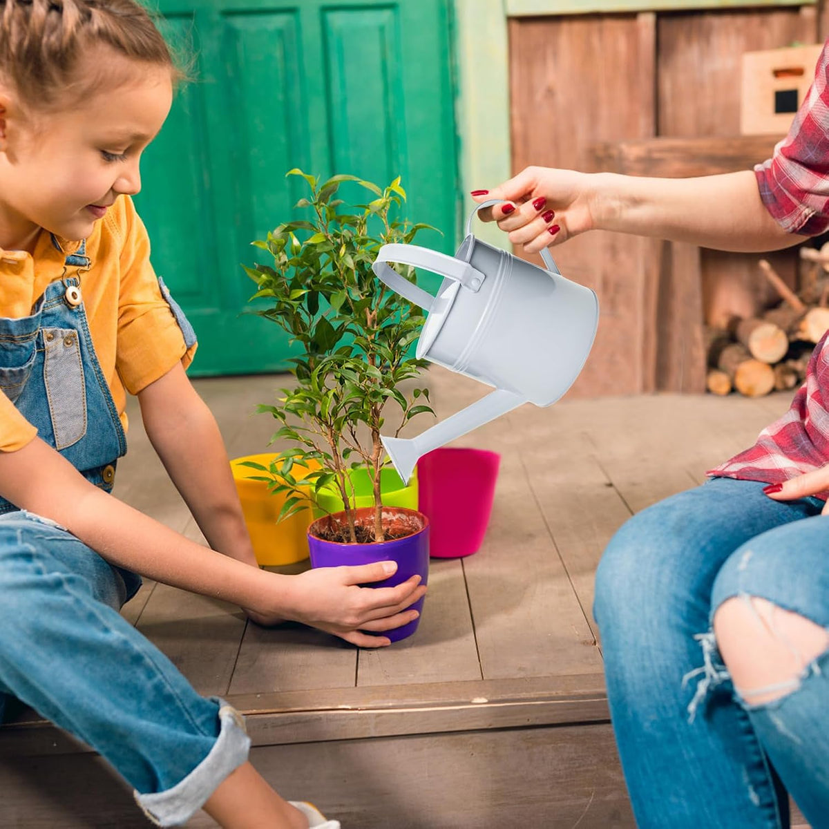 Small Metal Watering Can Set, Pink, 1.2L and 0.23L Garden Cans with Long Spout, Indoor Outdoor Plant Care (White)