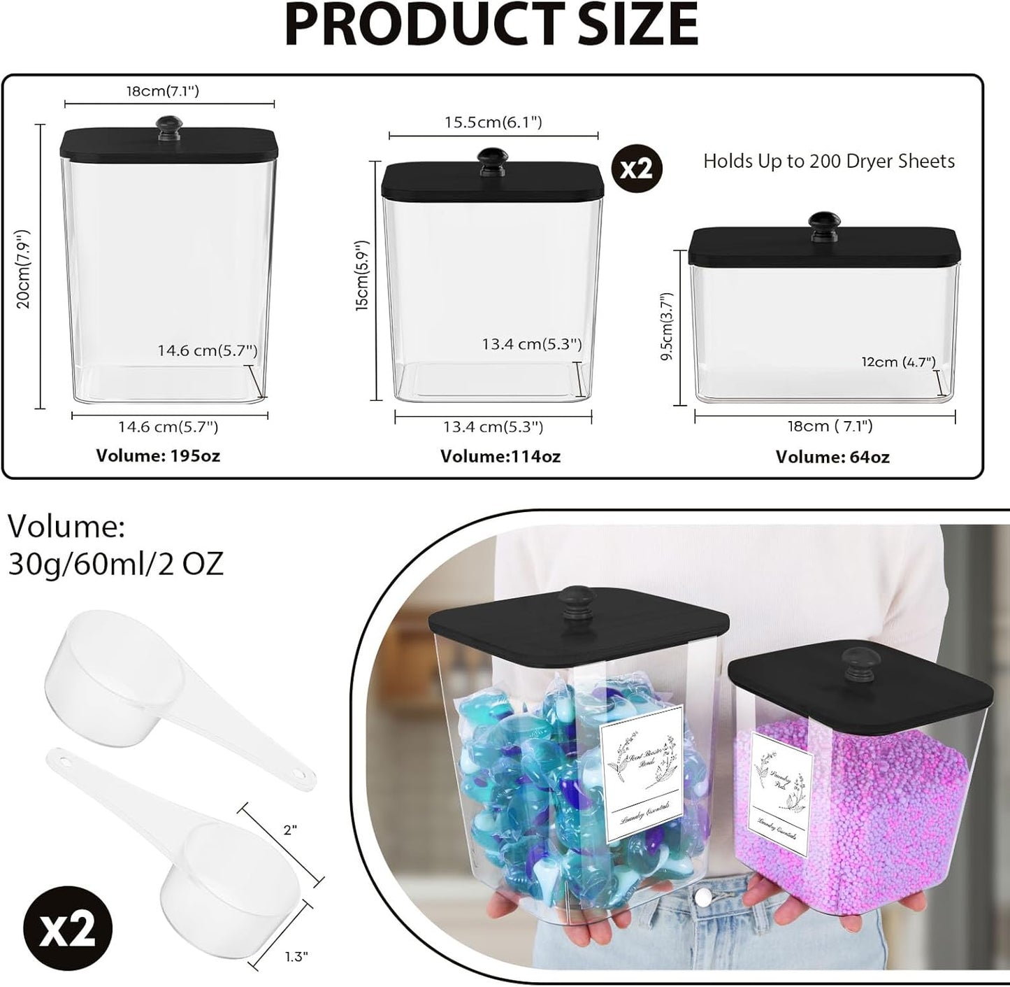 COAZEX 4 Pack Clear Laundry Pods Container & Dryer Sheet Holder, Plastic Square Laundry Room Organization and Storage Jars with Lids, Scoops & Labels for Detergent, Powder, Dryer Balls (Black Lid)