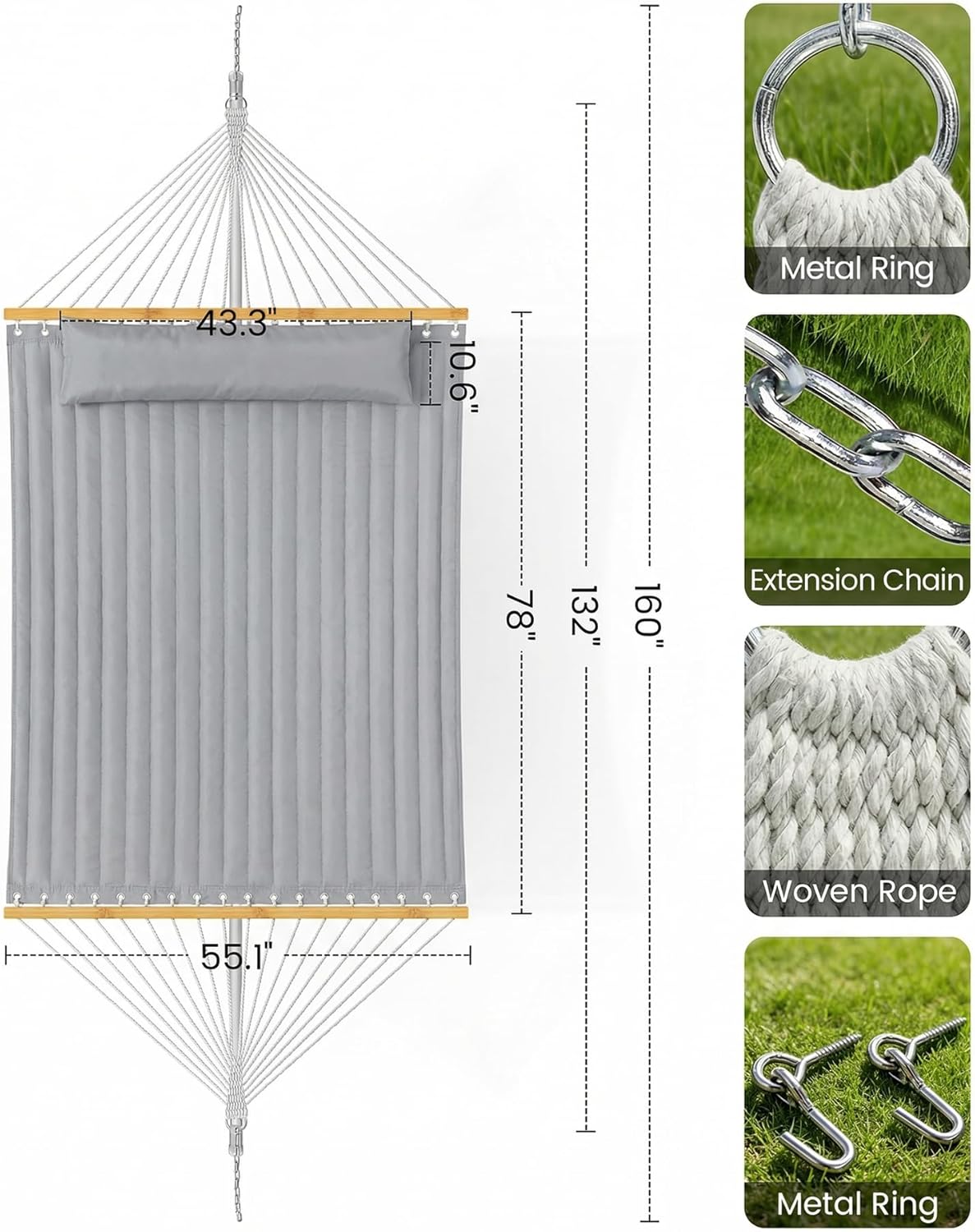 ANAGOO Double Quilted Outdoor Hammock for 2 Adults, 500lb Capacity Backyard & Camping Hammock with Pillow and Bamboo Spreader Bar, Fits 11–15ft Hammock Stands (Stand Not Included),Dark Gray