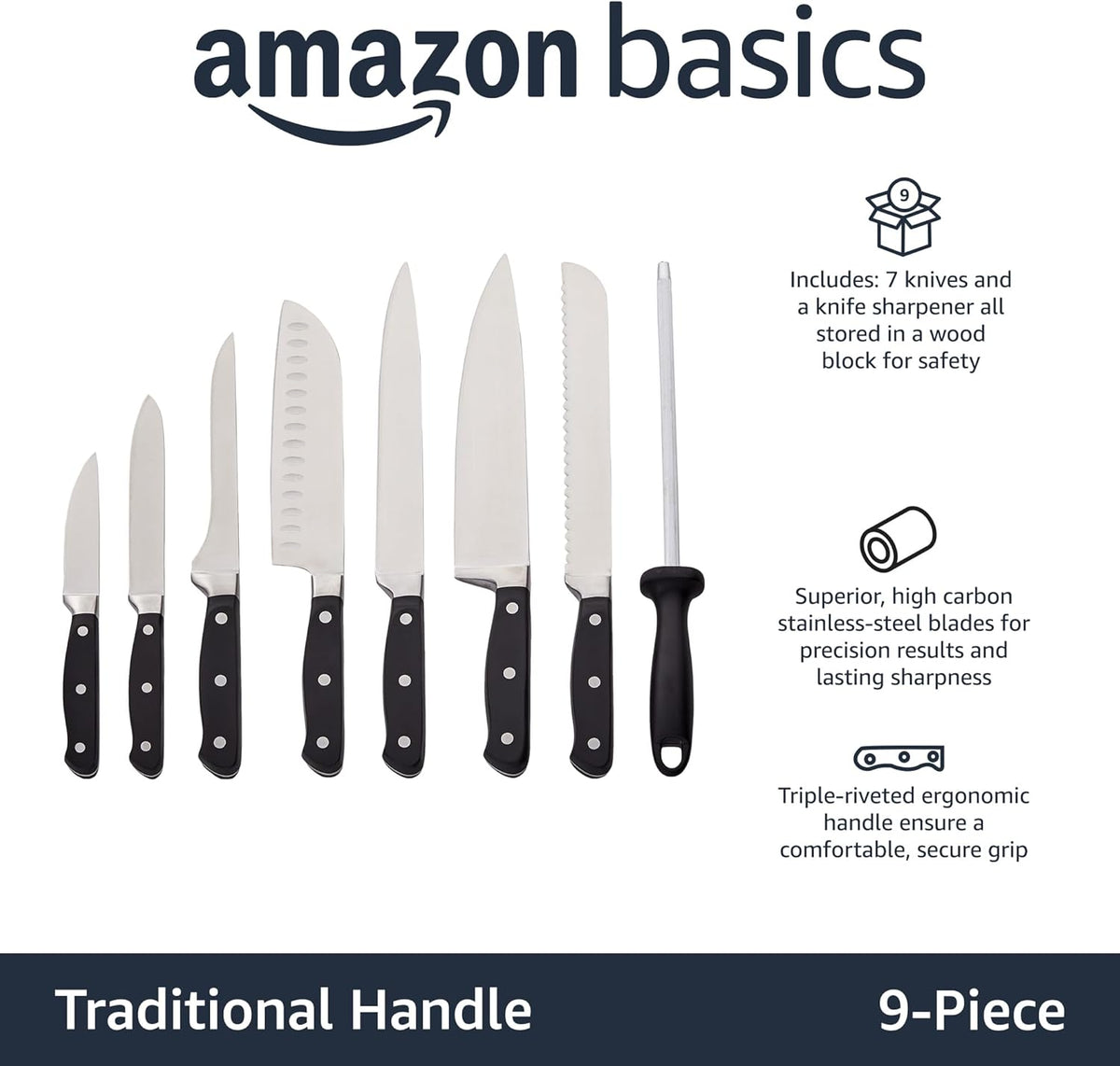 Amazon Basics 9-Piece High-Carbon Stainless Steel Kitchen Knife Set with Ergonomic Handles, Full Tang Construction, Pine Wood Block, Black