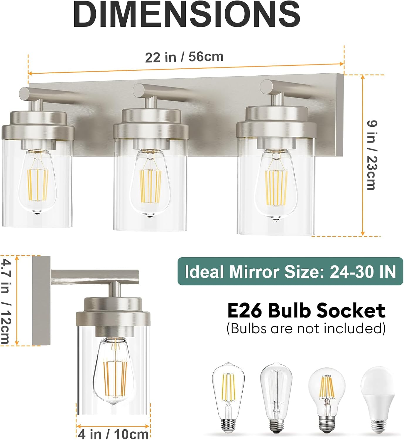 IZORRO Bathroom Vanity Light Fixture, 3-Light 22 Inch Brushed Nickel Bathroom Light Fixtures Over Mirror, with Clear Glass Shade, Modern Farmhouse Vanity Lights, Rustic Restroom Lighting Fixtures