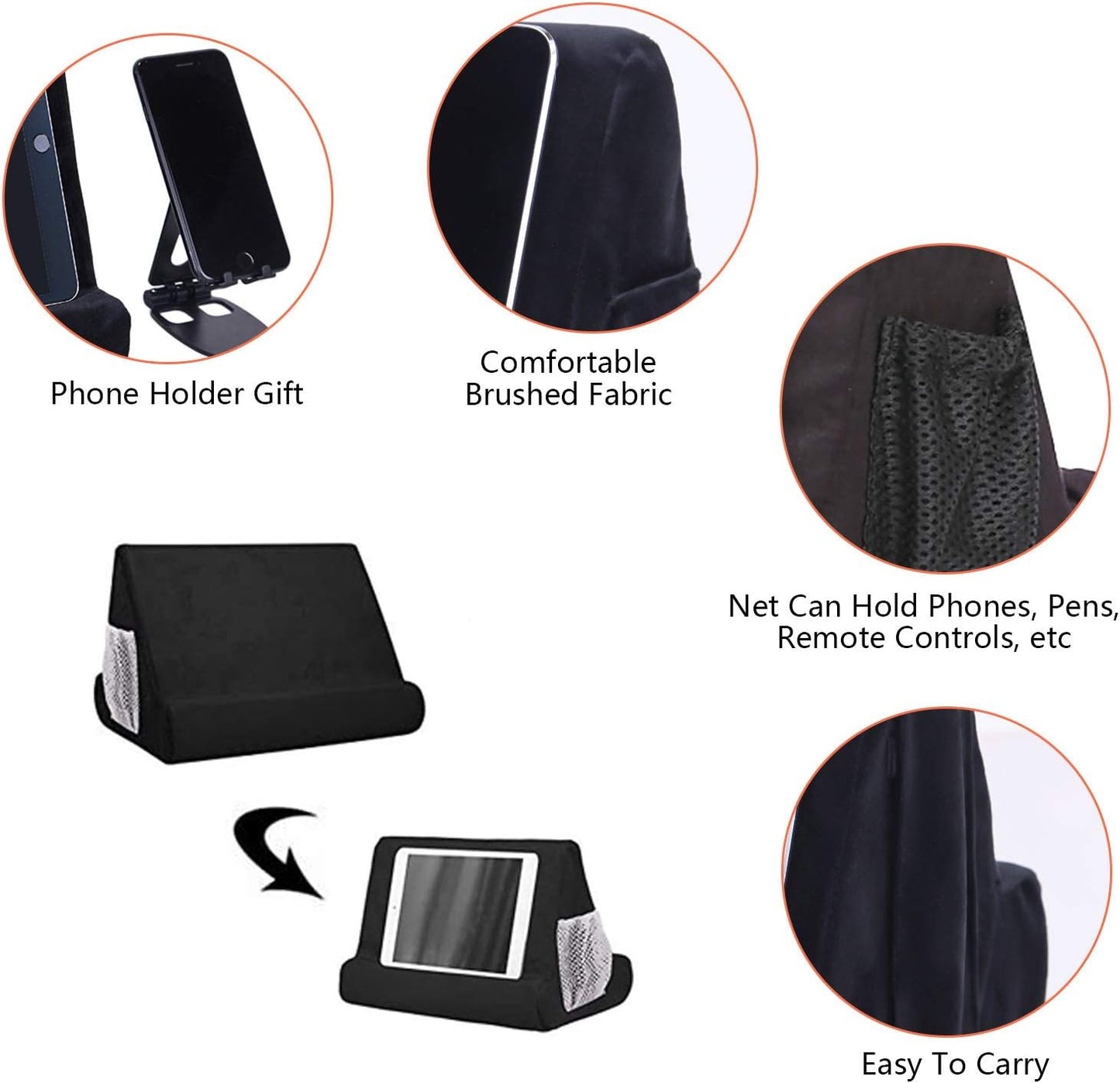 2pcs Multi-Angle Tablet Holder Cushion Stand with Net Pocket & Black Color Phone Stands Upgraded Tablet Pad Support for Phone,Pad,Books ( Black )