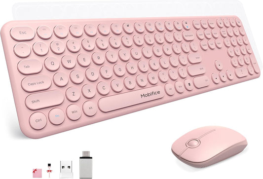Wireless Keyboard and Mouse Combo,2.4GHz USB Plug and Play Full Size Silent Retro Slim Cordless Cute Pink Keyboard Mouse Set Compatible with Office Windows/Mac/PC/Laptop/Tablet（Peach）