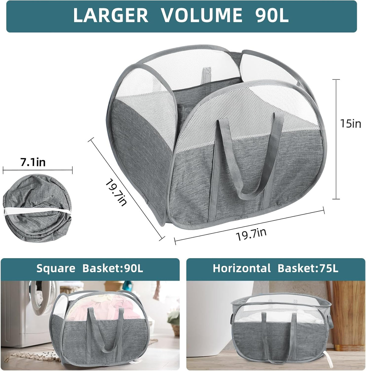 2 Pack Collapsible Laundry Baskets, 90L Large Foldable Laundry Basket, Pop Up Hampers for Laundry, Dirty Clothes Laundry Hamper for Bedroom, Bathroom, Dorm, Laundry Room, Travel or Camping Grey