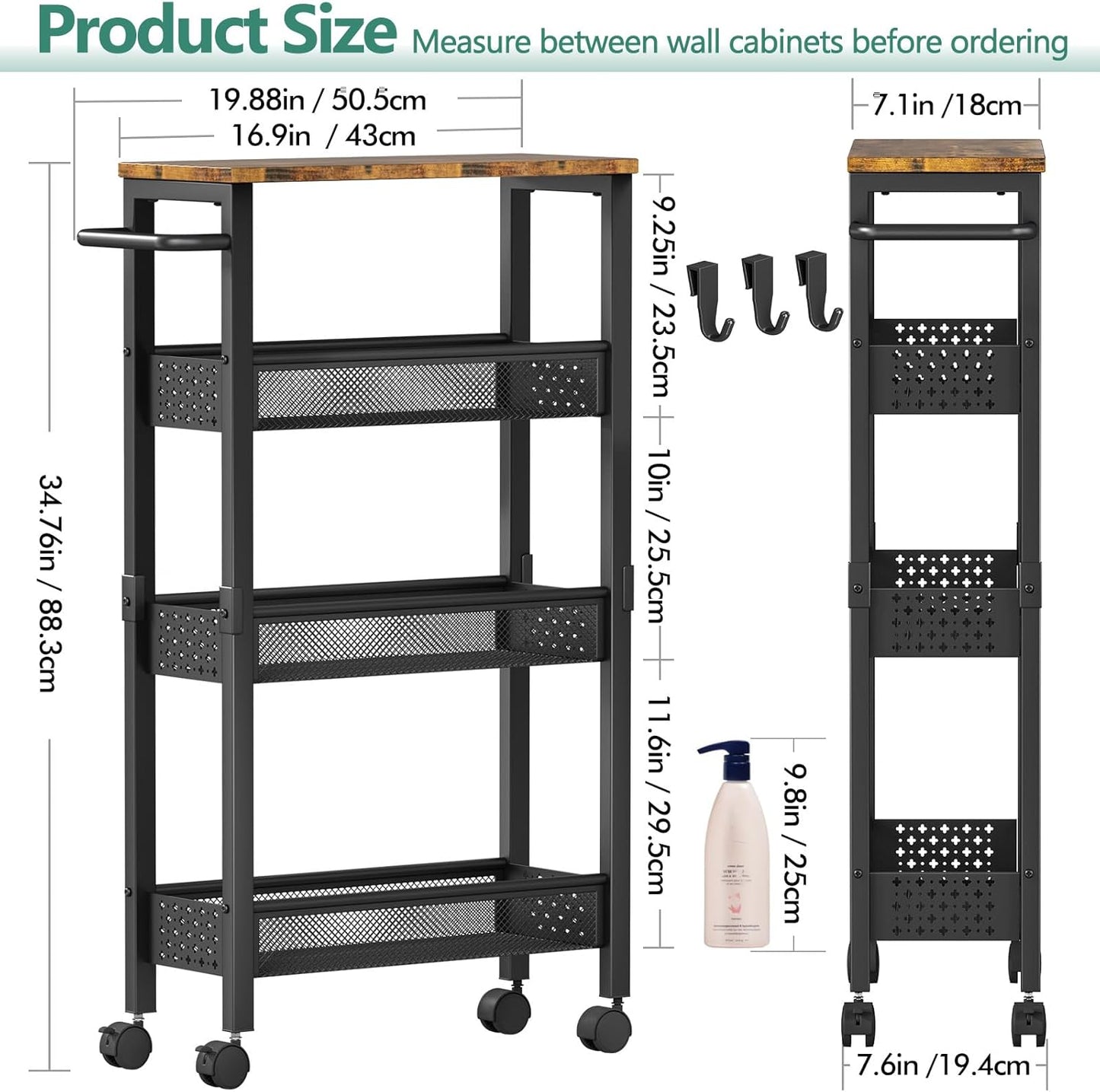 Vivihomety Utility Slim Storage Cart with Wheels, 4 Tier Small Rolling Cart with Wood Top, Metal Kitchen Bathroom Laundry Room Organization Trolley with Handle for Narrow Space – Black