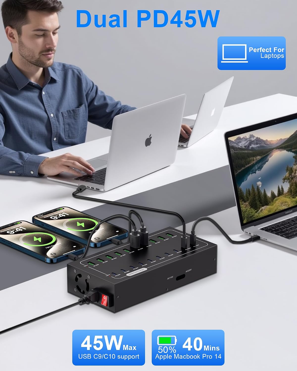 20 Port 580W USB Charging Station, Dual PD-45W USB C Charger Block | Fast Charging Station for Multiple Devices, Multi Protection for Laptop MacBook iPhone, iPad, Tablet, and More