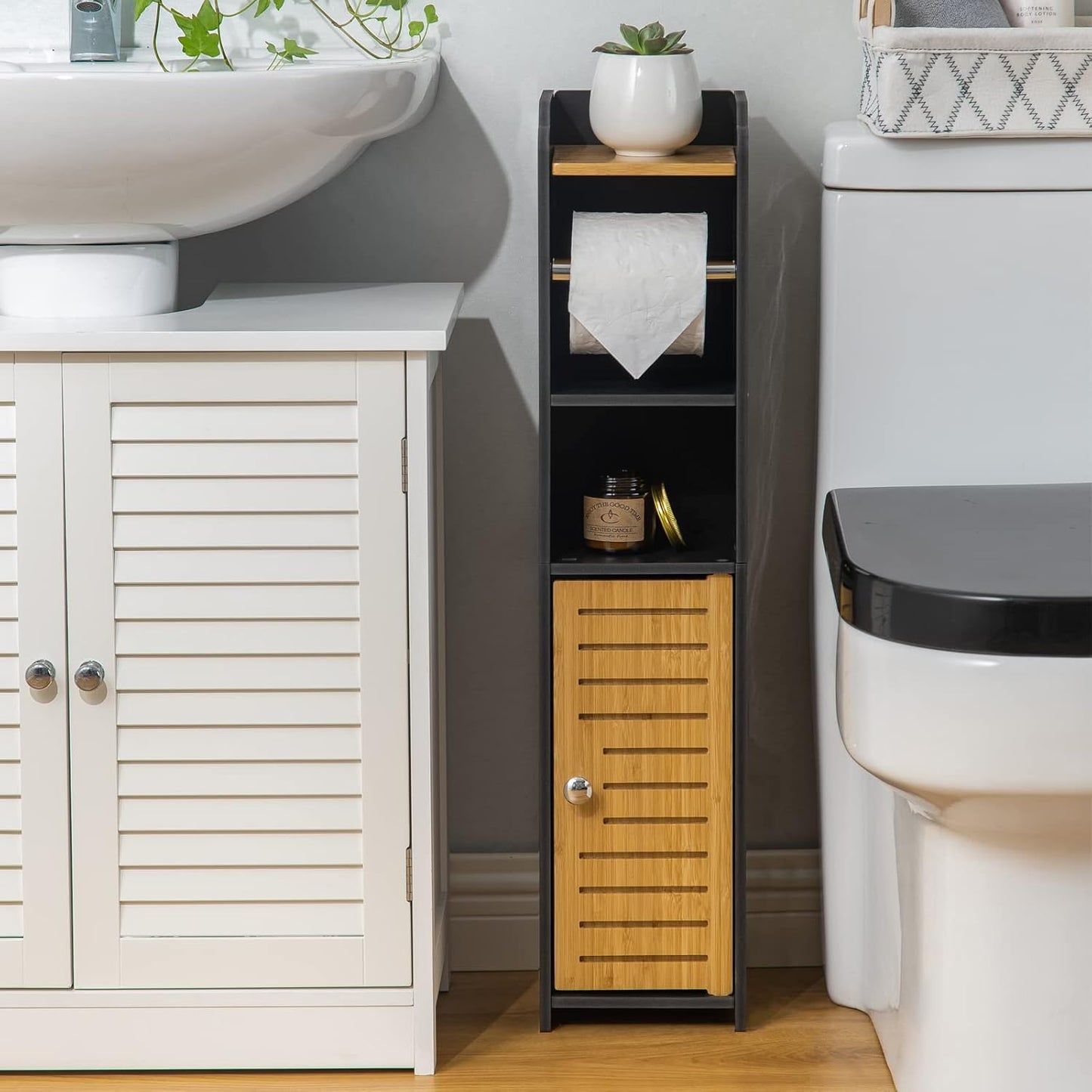 AOJEZOR Toilet Paper Holder Stand: No Drill PVC Small Bathroom Cabinet for Apartment Dwellers - Rental Deposit Protection - Small Space Storage Saving