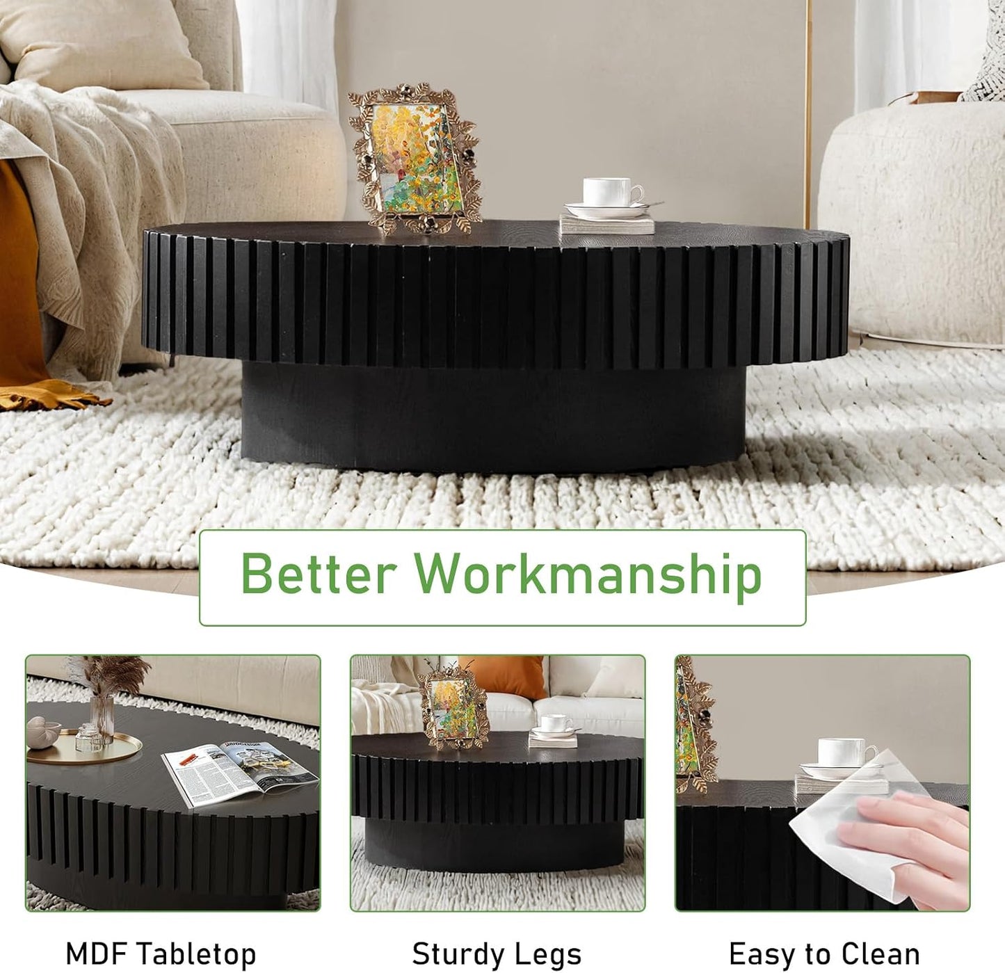 43.3'' Oval Coffee Table for Living Room (Oval Black) | Modern Handcraft Drum Coffee Table Unique Fluted Coffee Tables Wood Center Table End Table for Farmhouse Apartment Office