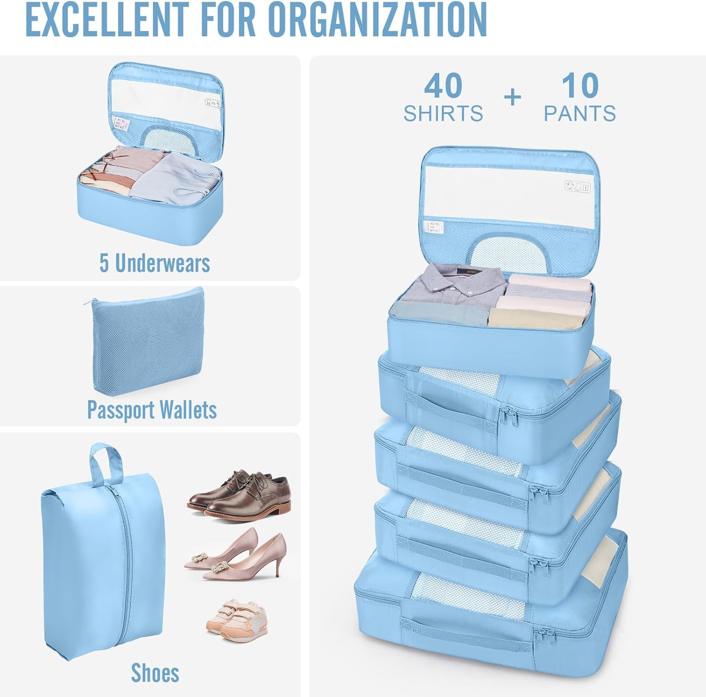 Veken 10 Set Packing Cubes for Travel Essentials, Suitcase Organizer Bags in 4 Sizes, Carry-On Luggage Accessories with Laundry Bag, Airplane Must Have, Gifts for Women Men