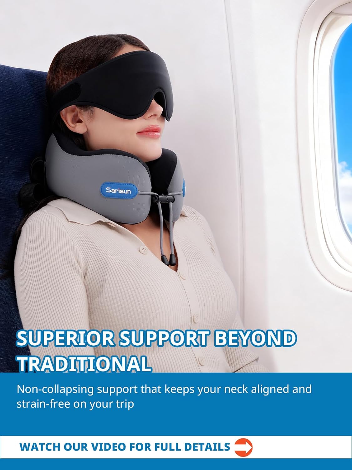 SARISUN Neck Pillow Airplane,Travel Pillow with Strap, Combo with 3D Eye Mask for Sleep, Dual-Density Supportive Foam Airplane Pillow for Long Flights, Car Road Trip Travel Essentials Grey