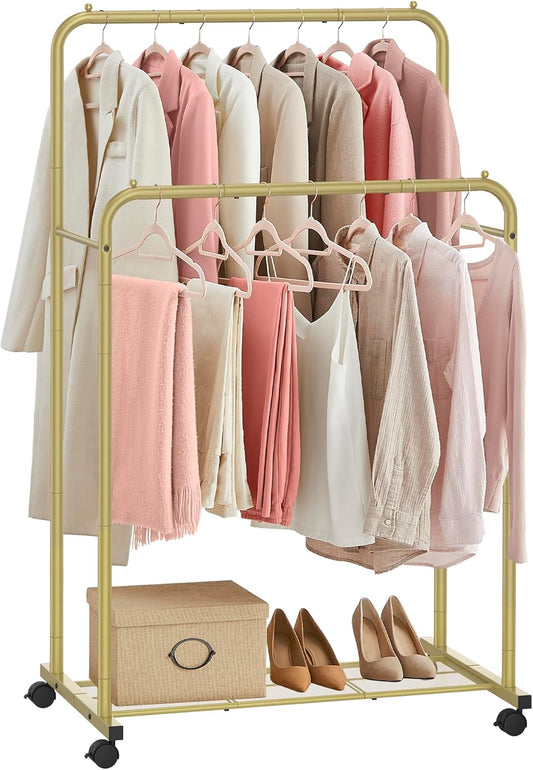 SONGMICS Double Rods Clothes Rack with Wheels, Clothing Rack for Hanging Clothes, Heavy Duty Garment Rack with Mesh Storage Shelf, 2 Brakes, Each Top Rail Holds up to 77 lb, Gold UHSR026A01