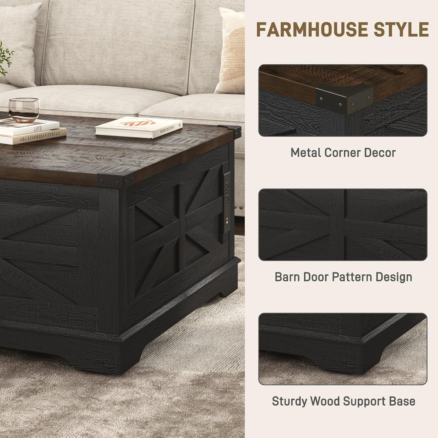 Hlivelood 36" Farmhouse Movable Lift Top Coffee Table with Storage and Power Outlets, Square Wood Living Room Tables with Wheels&Large Hidden Space, Lift Wooden Barn Door Center Table, Black