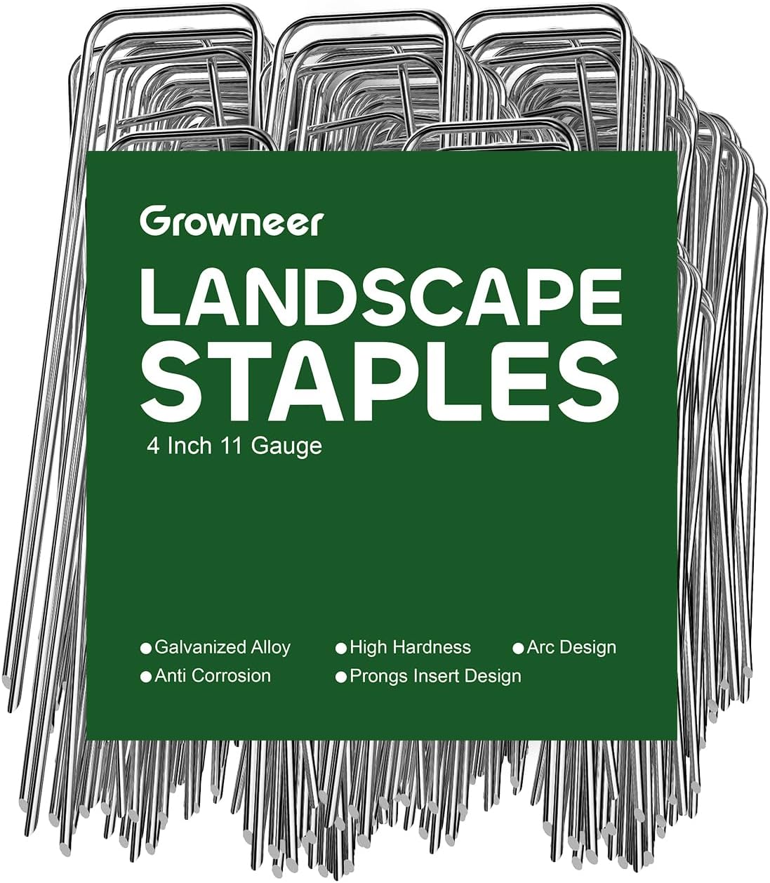 GROWNEER Landscape Staples 4 Inch, 100 Pack 11 Gauge Garden Pins Holds Ground Cover, Secures Turf Edges, Galvanized Steel Lawn Stakes for Small Yard Projects