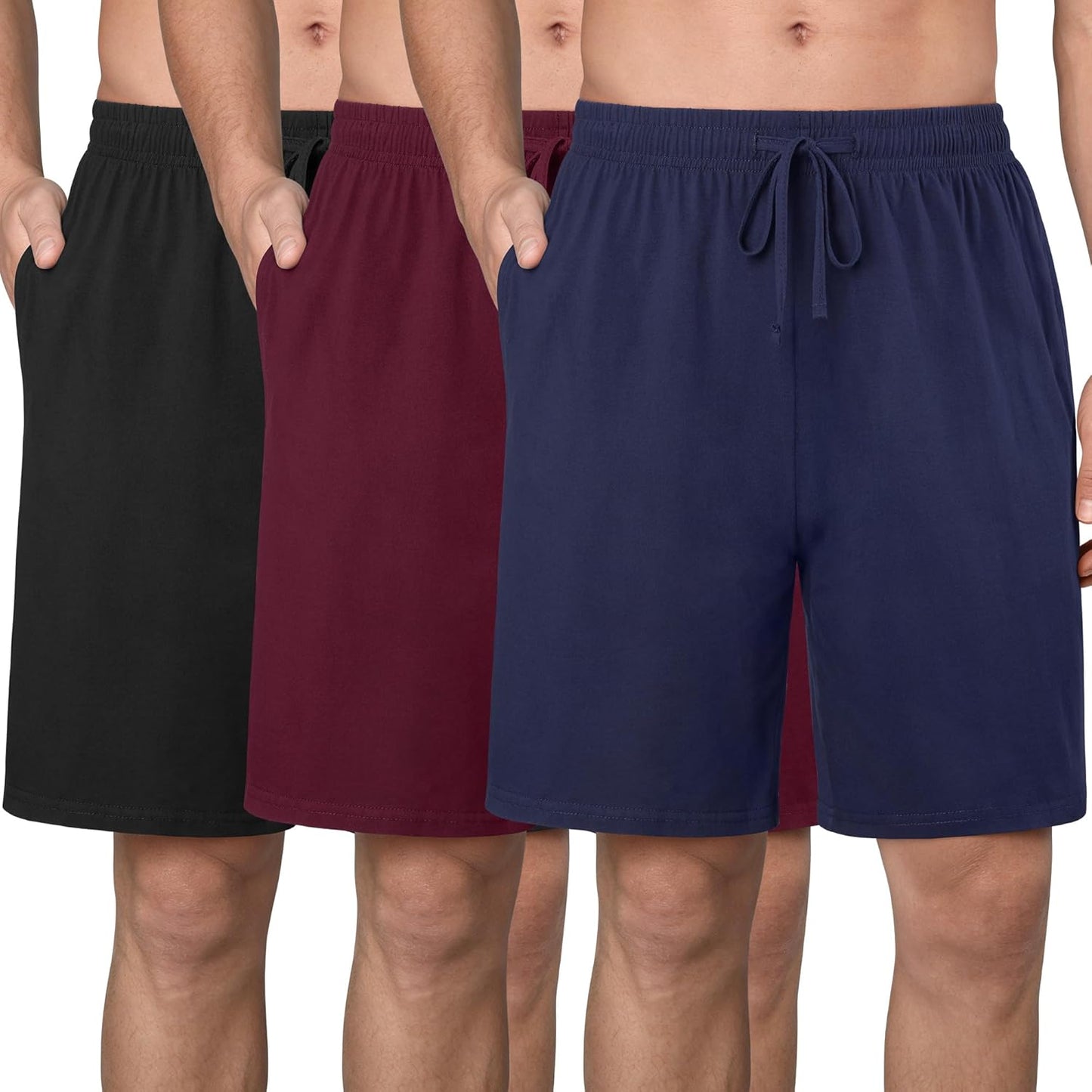 3 Pack Mens Cotton Pajama Shorts Soft Comfortable Lounge Shorts with Drawstring & Two Pockets Sleep Bottoms for Men