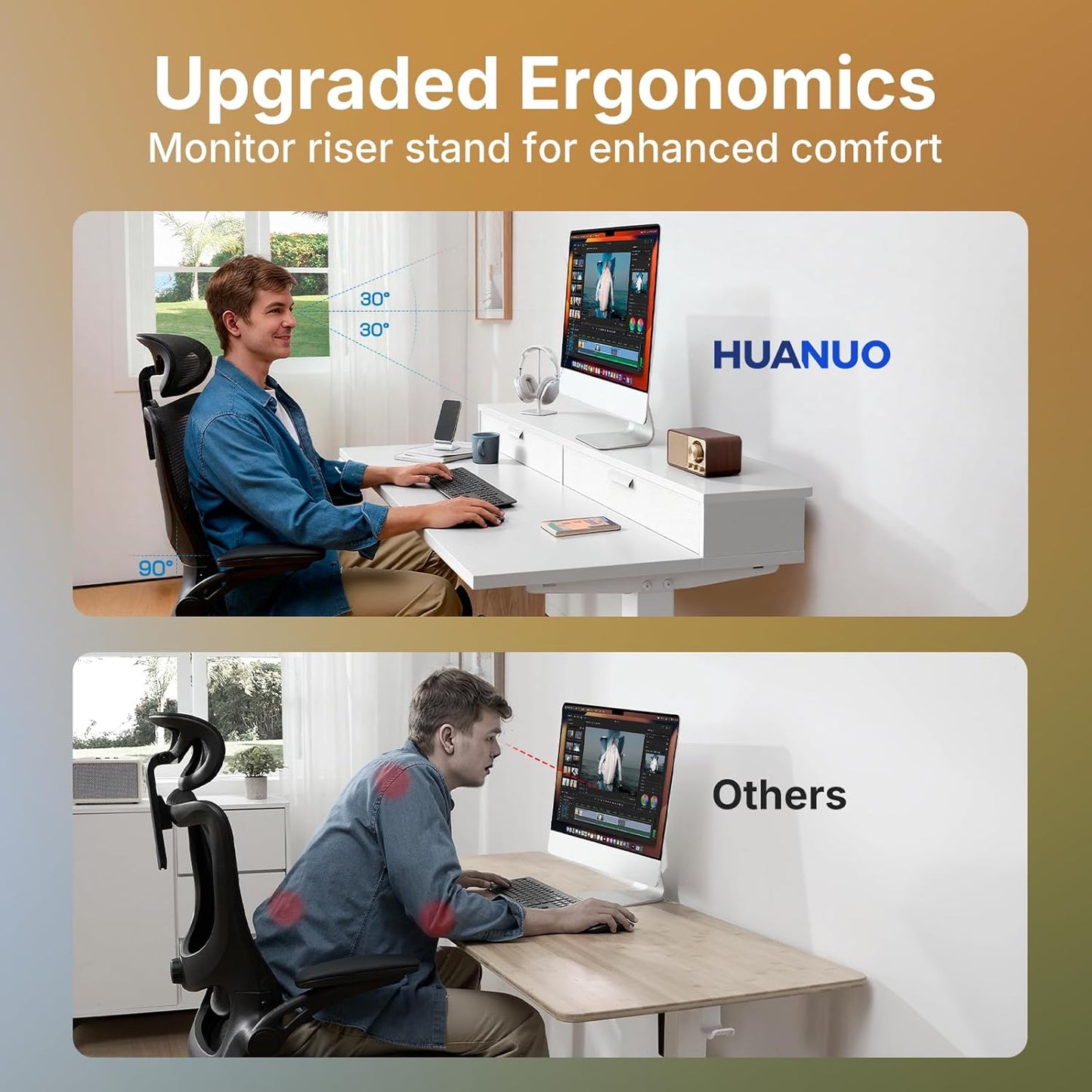 HUANUO 32 x 21 inch Small Electric Standing Desk with 2 Drawers, C-Clamp Mount Compatible, Height Adjustable Sit Stand Desk, Home Office Stand Up Desk with 4 Memory Height Settings, White