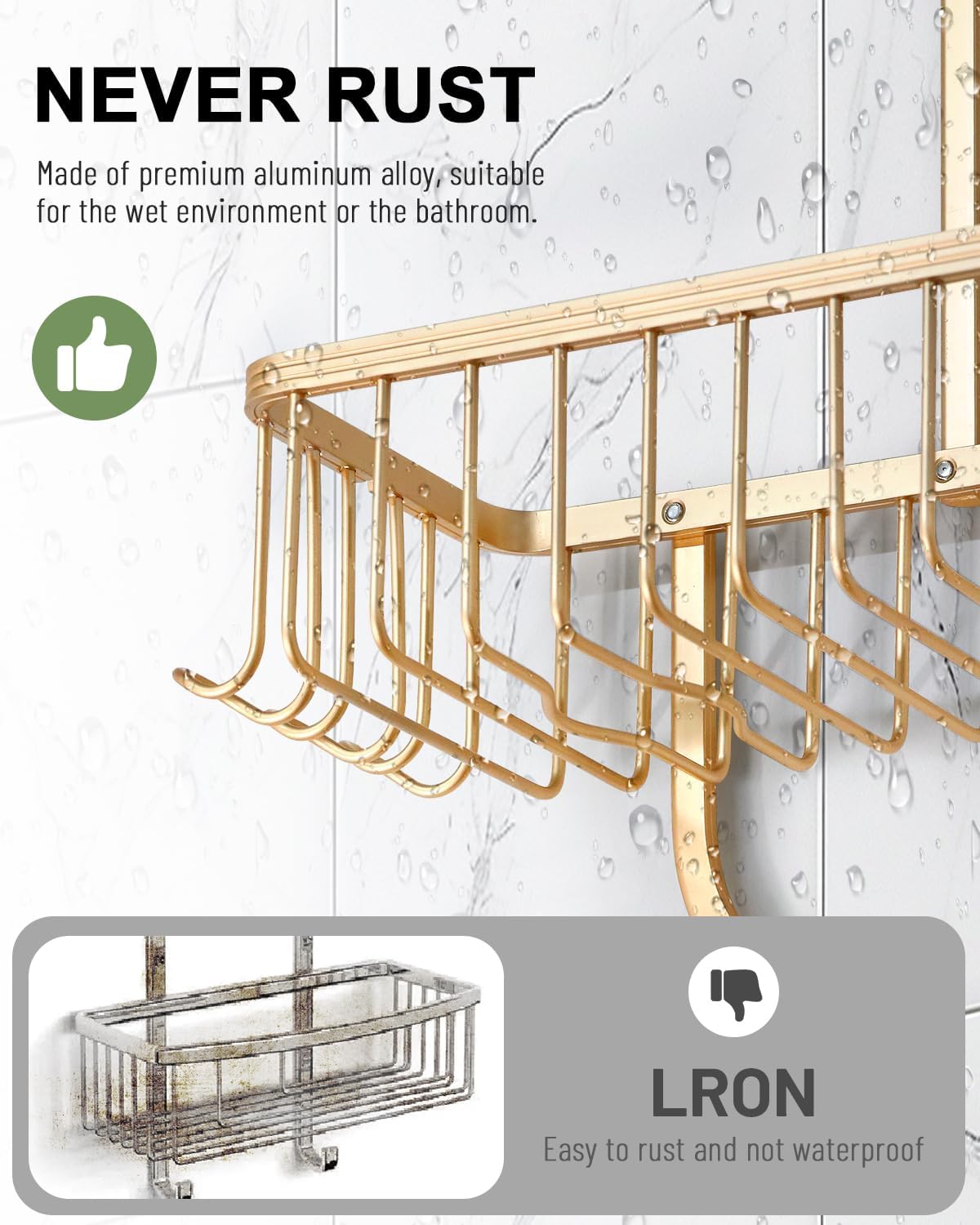 Shower Caddy Hanging - Never Rust Shower Hanging Organizer - Aluminum Over the ShowerHead Caddy with Soap Basket and 6 Razor/Sponge Hooks (Gold)