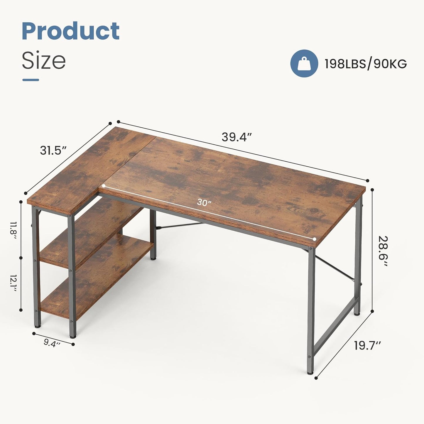 DUMOS L Shaped Desk 39 Inch Computer Desk Gaming Furniture Corner Desks Home Office PC Table with Reversible Storage Shelves for Writing Working Study Bedroom Dorm, Rustic Brown
