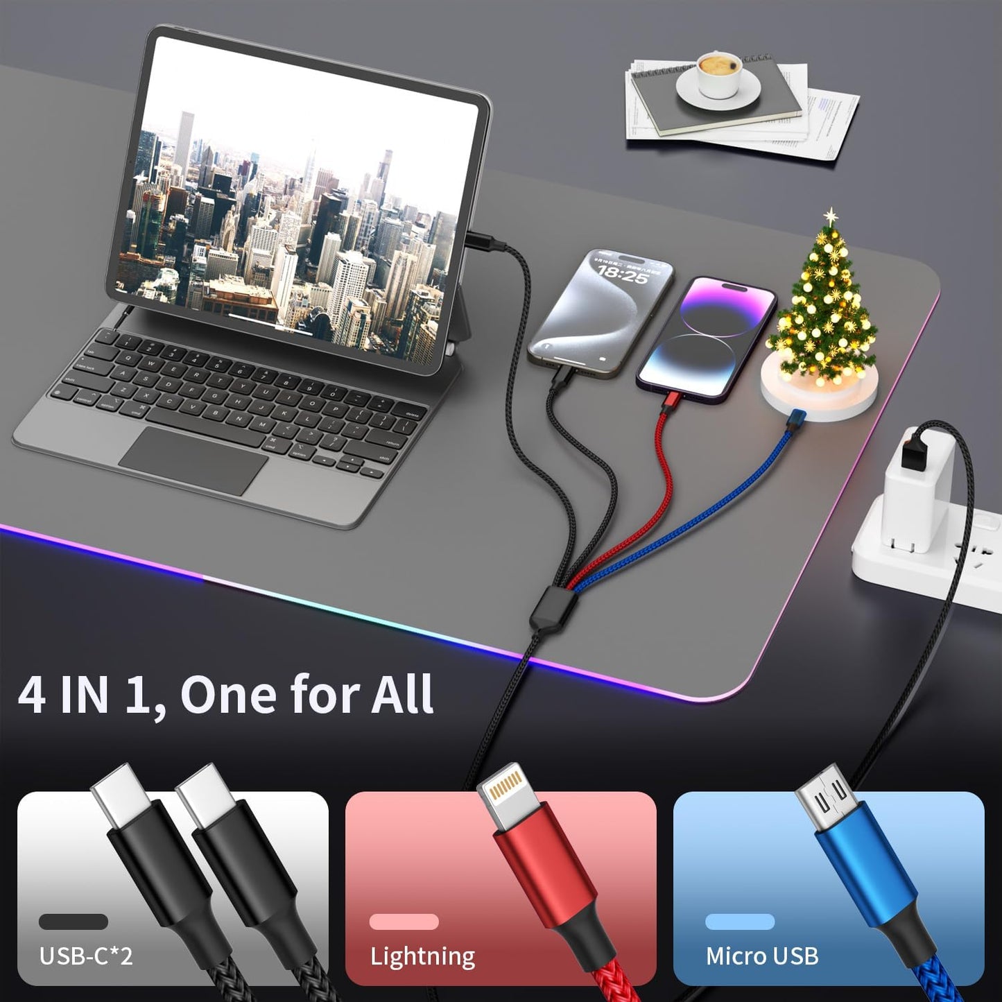 Dual Type-C 4 in 1 Multi Charging Cable for iPhone 17/ Galxy S26, Travel Cruise Essentials, USB Cable iPhone Charger Cord, Charging Cords for iPhone17-8/Androids/iPad and More, Car Charger (2Pack 5FT)