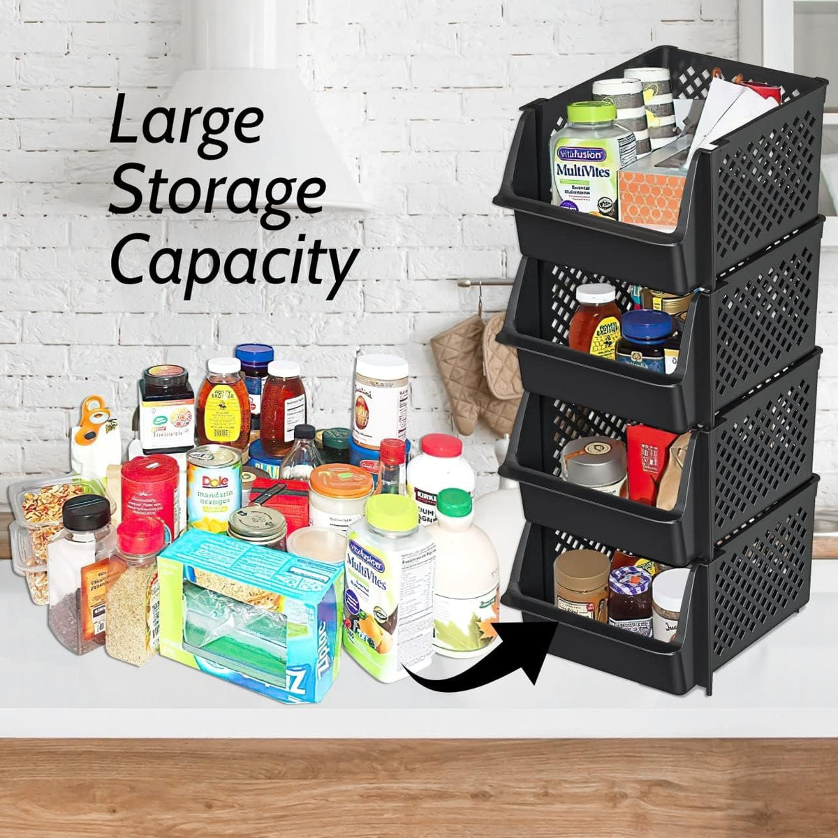TidyFriend 4 Pack Stackable Storage Bins Open Front for Pantry Organizers and Storage, Pantry Storage for Food, Kitchen and Home Organization, Plastic Storage Bins, Dorm Room Essentials (Black)