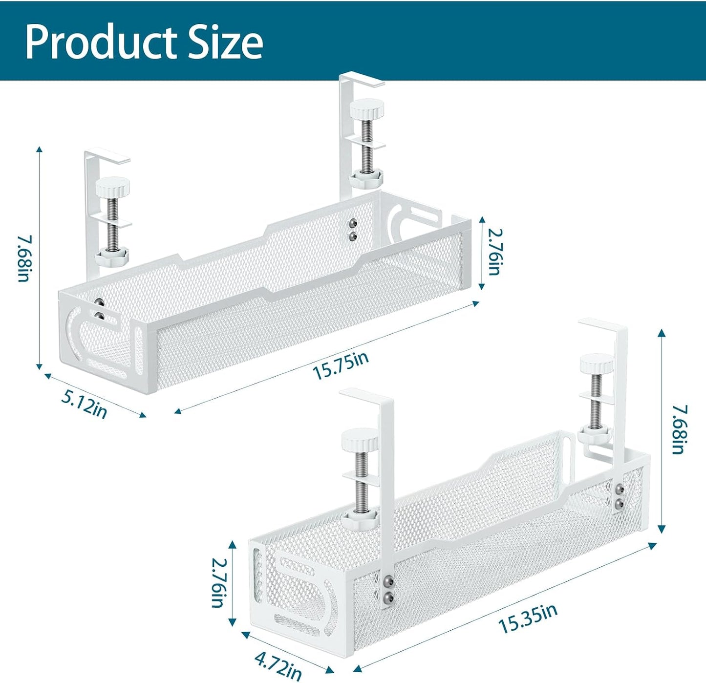 2Pack Under Desk Cable Management Tray, No Drill Mesh Desk Cable Tray | Wire Management Tray Cable Management Rack, Cord Organizer and Cable Management Box (White)