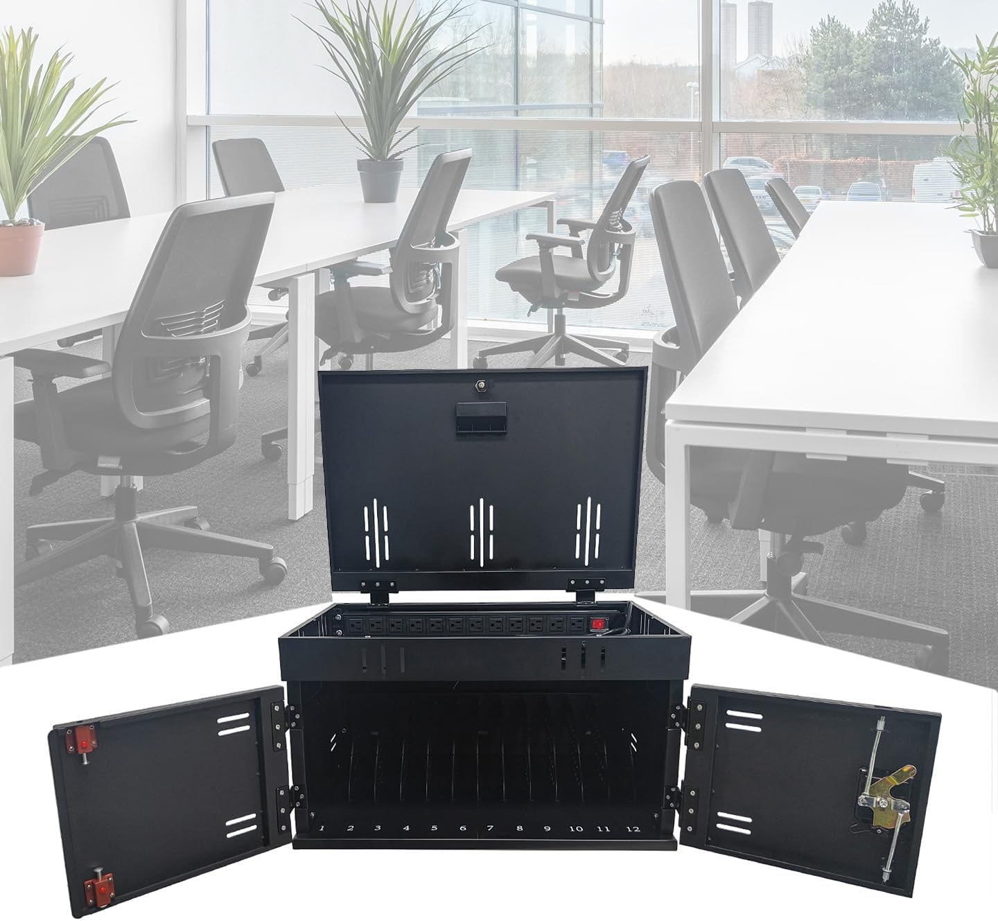 12 Device Charging Station for Laptops & Tablets, Portable Lockable Charging Cabinet Lock Box with Cable Management,Fits 17in Laptop Computers Chromebooks, for Classroom, Library, and Office(Black)