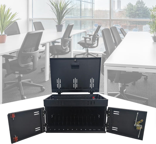 12 Device Charging Station for Laptops & Tablets, Portable Lockable Charging Cabinet Lock Box with Cable Management,Fits 17in Laptop Computers Chromebooks, for Classroom, Library, and Office(Black)