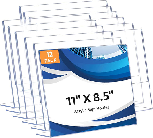 12 Pack L Shape Slanted Back 11x8.5 Plastic Sign Holders with Anti-Slip Pads, Business & Store Acrylic Tabletop Display Stand for Flyers, Menus, Documents, Price, Wedding, Party Decoration