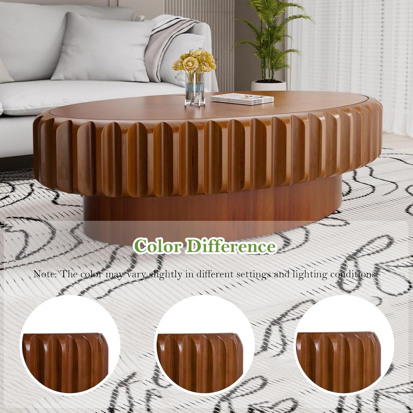 43.3" Oval Drum Coffee Table with Storage (B 43.3in) | Rustic Chic Fluted Center Table - Handcraft Solid Wood Veneer Edge | for Living Room Farmhouse