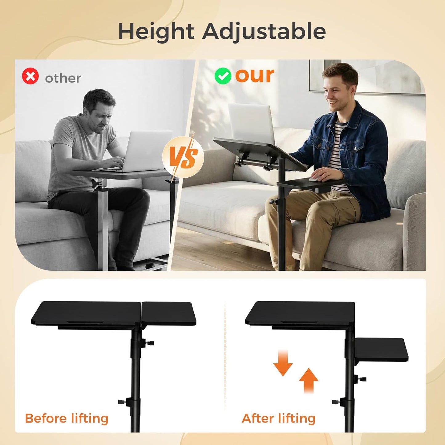 Aothia Small Standing Desk Rolling Table Adjustable Height, Laptop Mobile Stand with Wheels, Overbed Table, Portable Computer Workstation with Tiltable Desktop for Teacher Classroom Home Office, Black