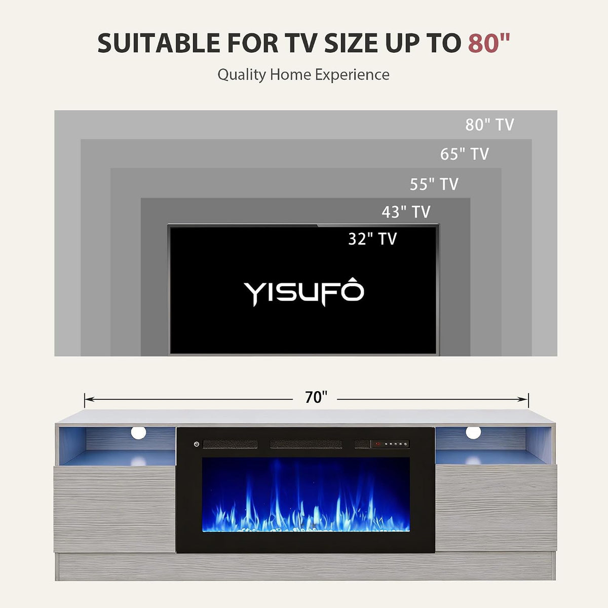 70" TV Stand with 36" Electric Fireplace, Large Modern Media Entertainment Center with Storage Cabinet and 12 Colors LED Lights for TVs Up to 80",Grey and Black
