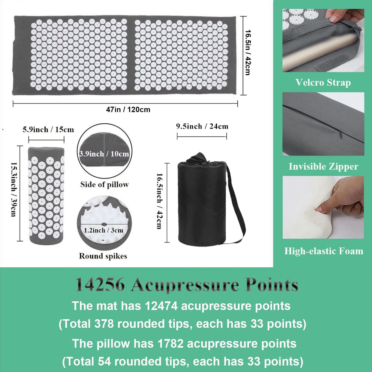 XiaoMaGe 47" Acupressure Mat and Pillow Set with Carry Bag (Gray)