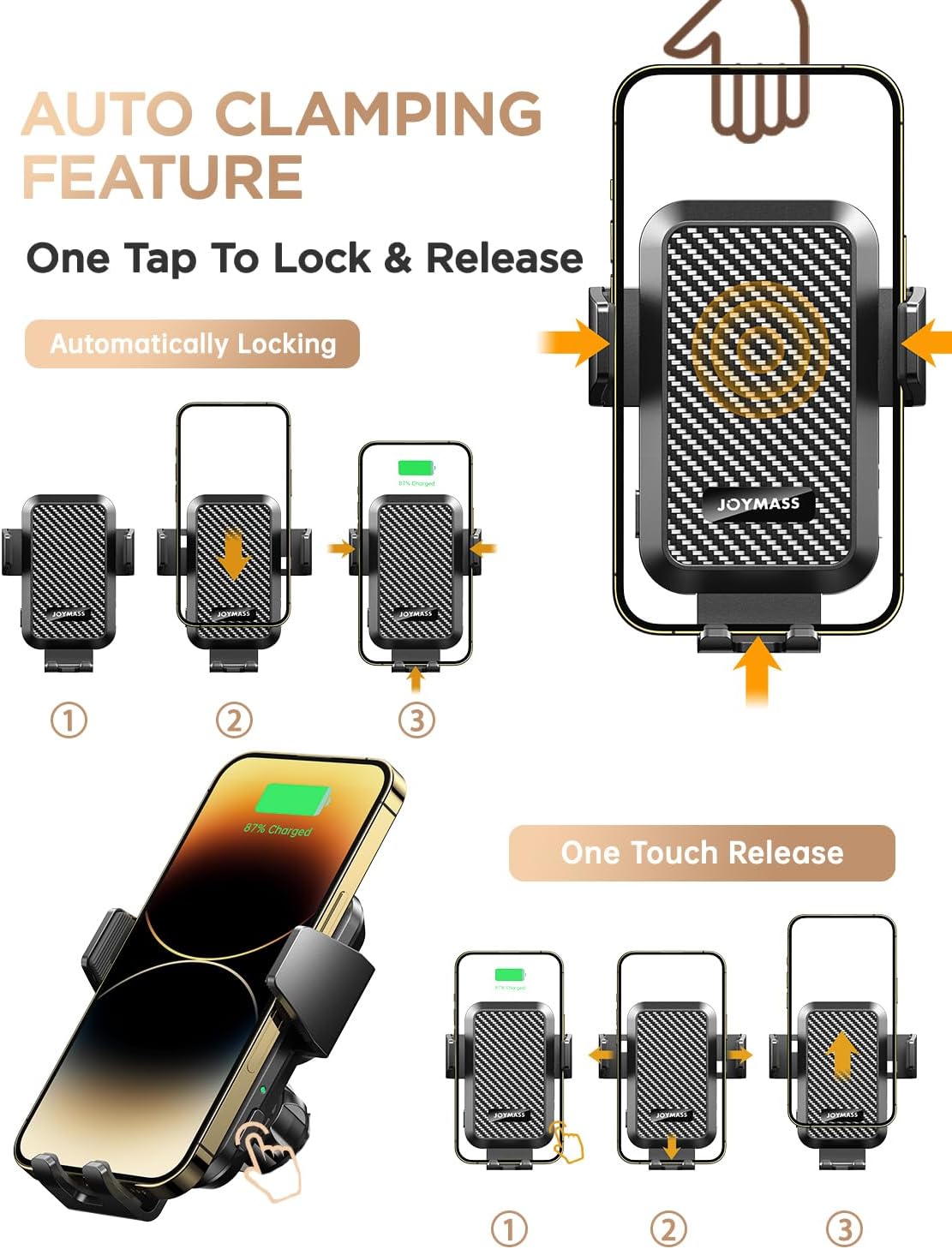 JOYMASS Wireless Car Charger, Phone Holders for Your Car, 15W Auto Clamping Phone Mount Car Accessories for iPhone 16 15 14 13 12 Mini Pro Max 11 XR XS, Samsung Galaxy S24 Ultra S23 S22+ Note 20, etc