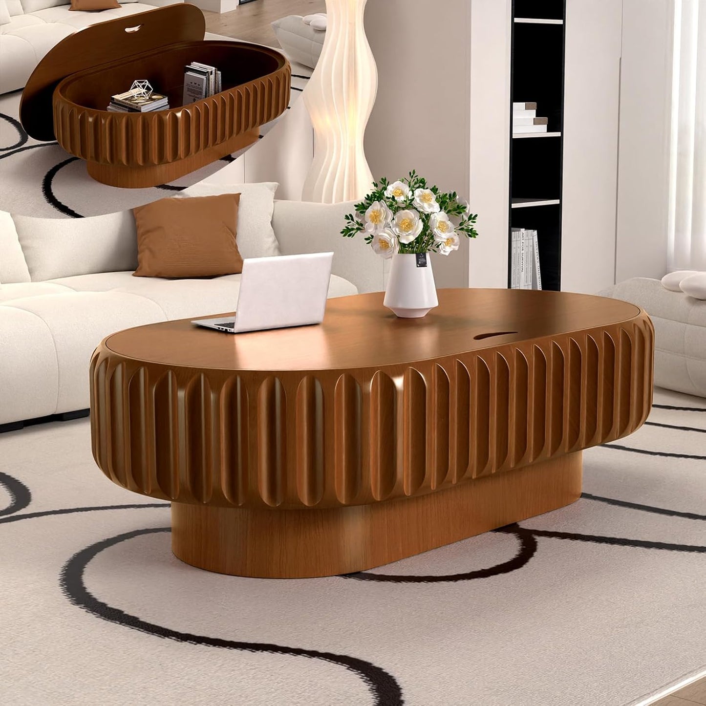 43.3'' Oval Coffee Table with Storage for Living Room, Modern Oval Drum Fluted Coffee Table with Wood Veneered Circle Center Tables for Small Space Apartment (B)