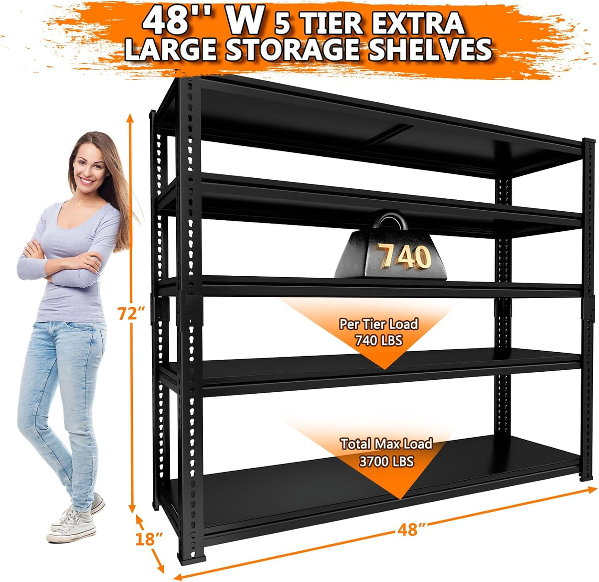 Storage Shelves Heavy Duty, 48"L x 18"W x 72"H Garage Storage Shelves Unit Loads 3700LBS, 5-tier Adjustable Metal Industrial Utility Shelf Rack for Kitchen, Laundry Room, Pantry, Warehouse, Basement