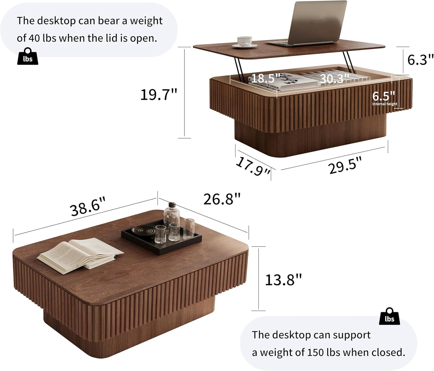 38.6'' Lift Top Coffee Table with Hidden Compartment, Modern Rectangular Fluted Wooden Center Table Cocktail Tea Table with Storage and Adjustable Height for Living Room Apartment, Walnut