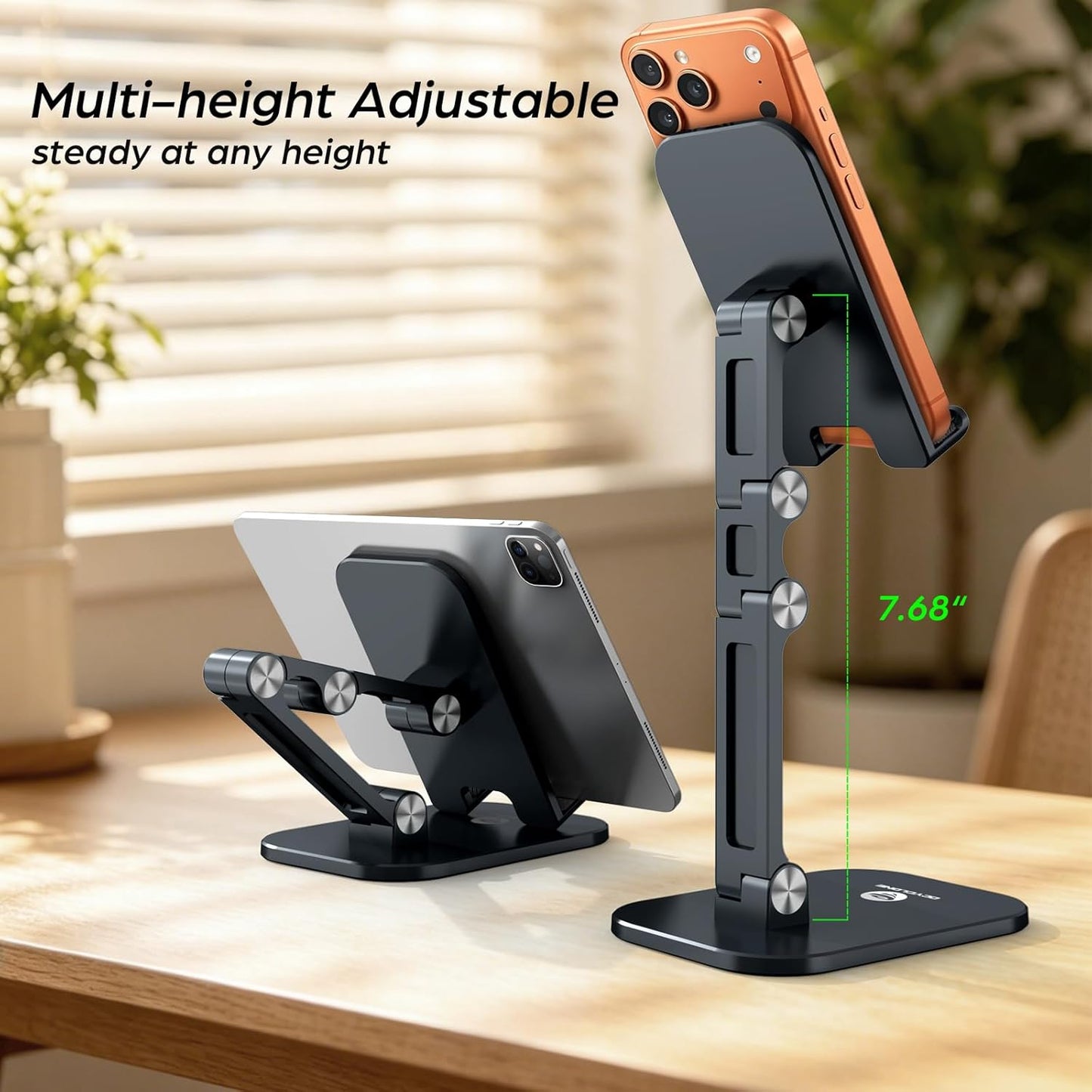 OCYCLONE Phone Stand, Foldable Cell Phone Stand Holder for Desk Office Accessories Adjustable Height and Angle iPhone Stand Compatible with 4"-13" Phones iPad Tablet - Black