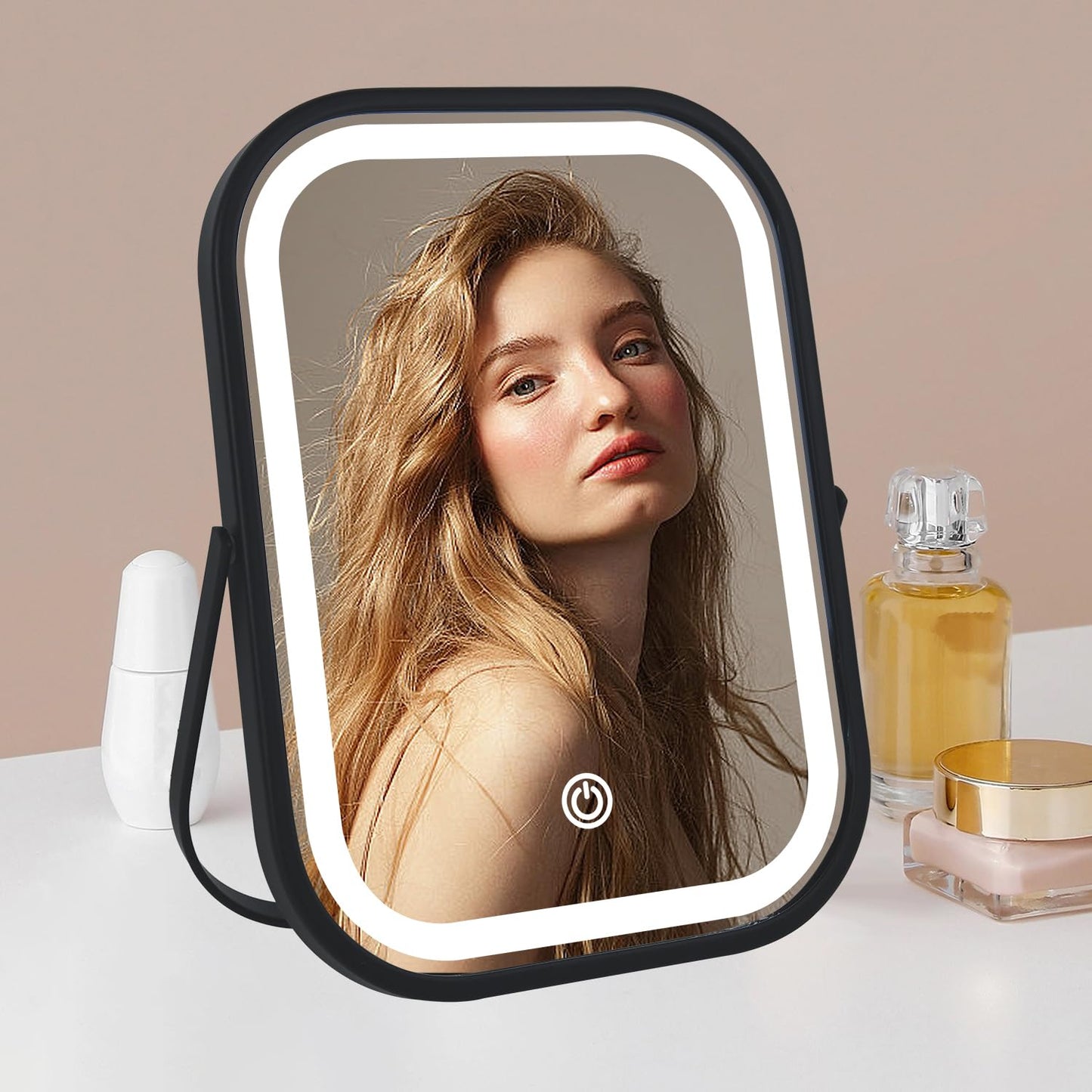 YEKKOPT Travel Mirror with Lights, Small LED Makeup Mirror with Lights,Portable Desk Mirror 1200mAh Battery,3 Color Modes,Dimmable Touch Screen, Tabletop Folding Compact Mirror,Women Gift