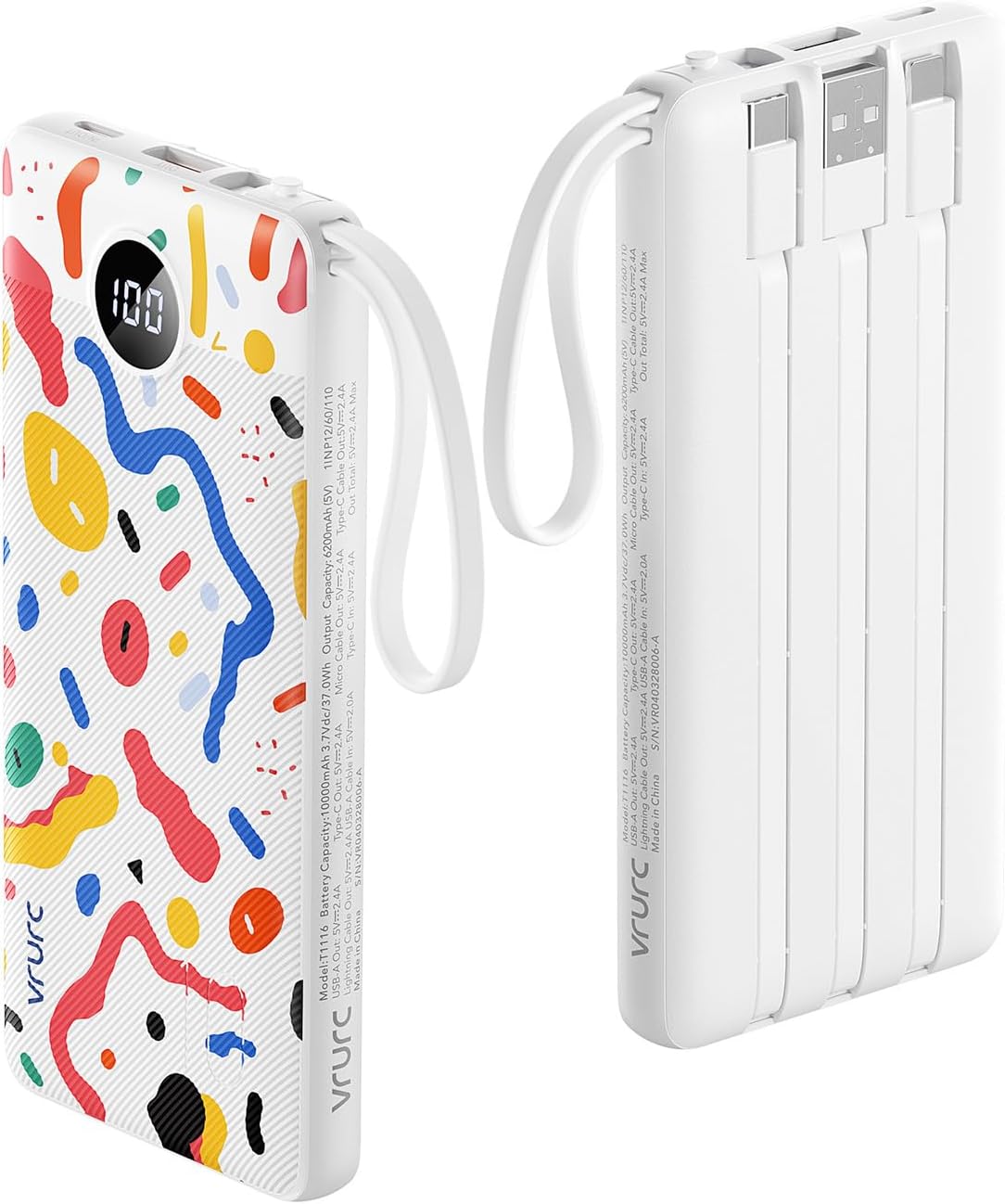 VRURC Portable Charger, Built-in Cables Power Bank 10000mAh, LED Display Slim USB C Battery Pack with 5 Output 2 Input for iPhone, Samsung, Android etc-White(1 Pack)