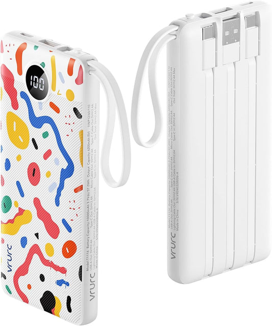VRURC Portable Charger, Built-in Cables Power Bank 10000mAh, LED Display Slim USB C Battery Pack with 5 Output 2 Input for iPhone, Samsung, Android etc-White(1 Pack)