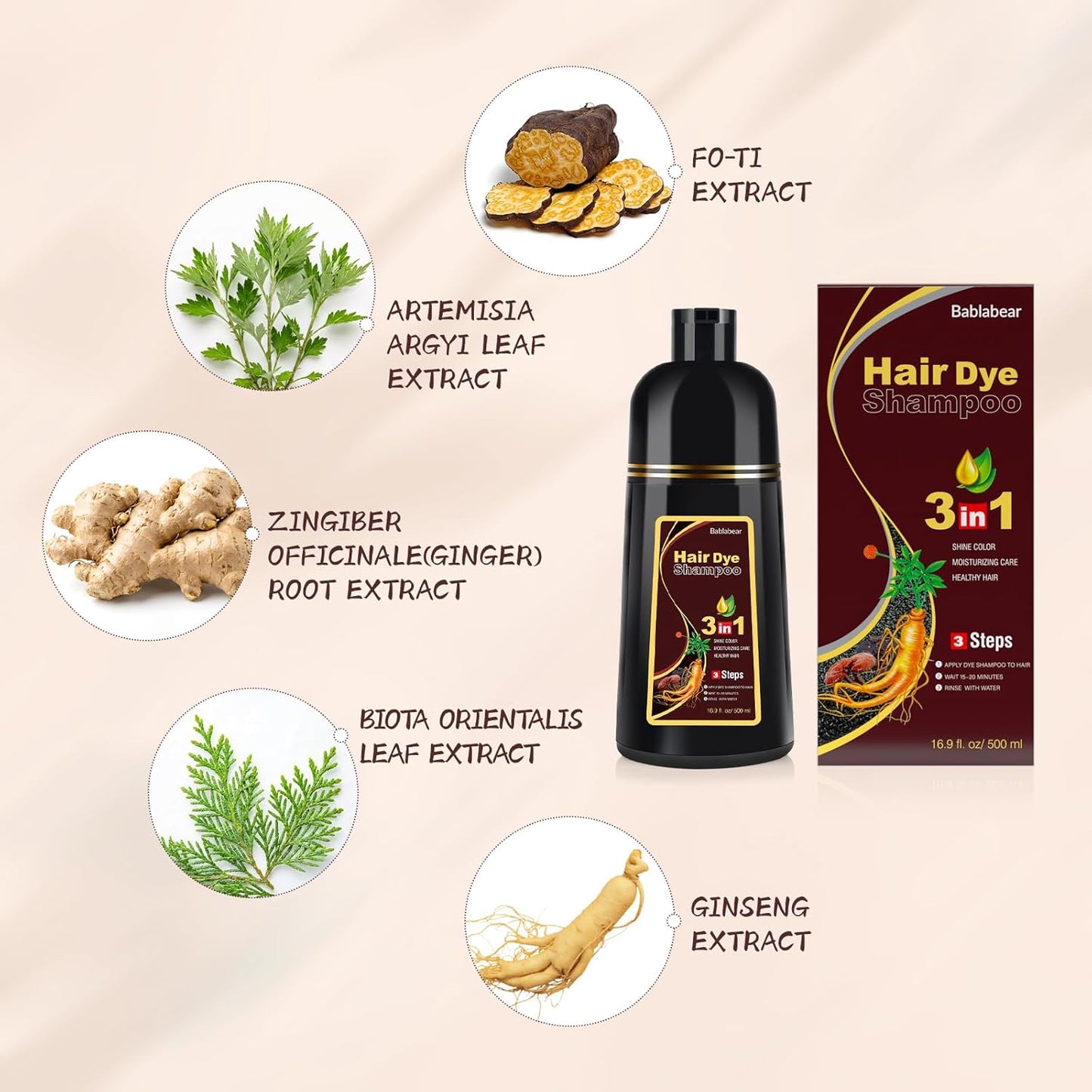 Bablabear Dark Brown Hair Color Shampoo for Gray Hair 500ML Instant Hair Dye Shampoo for Men & Women-3 in 1 Color Shampoo