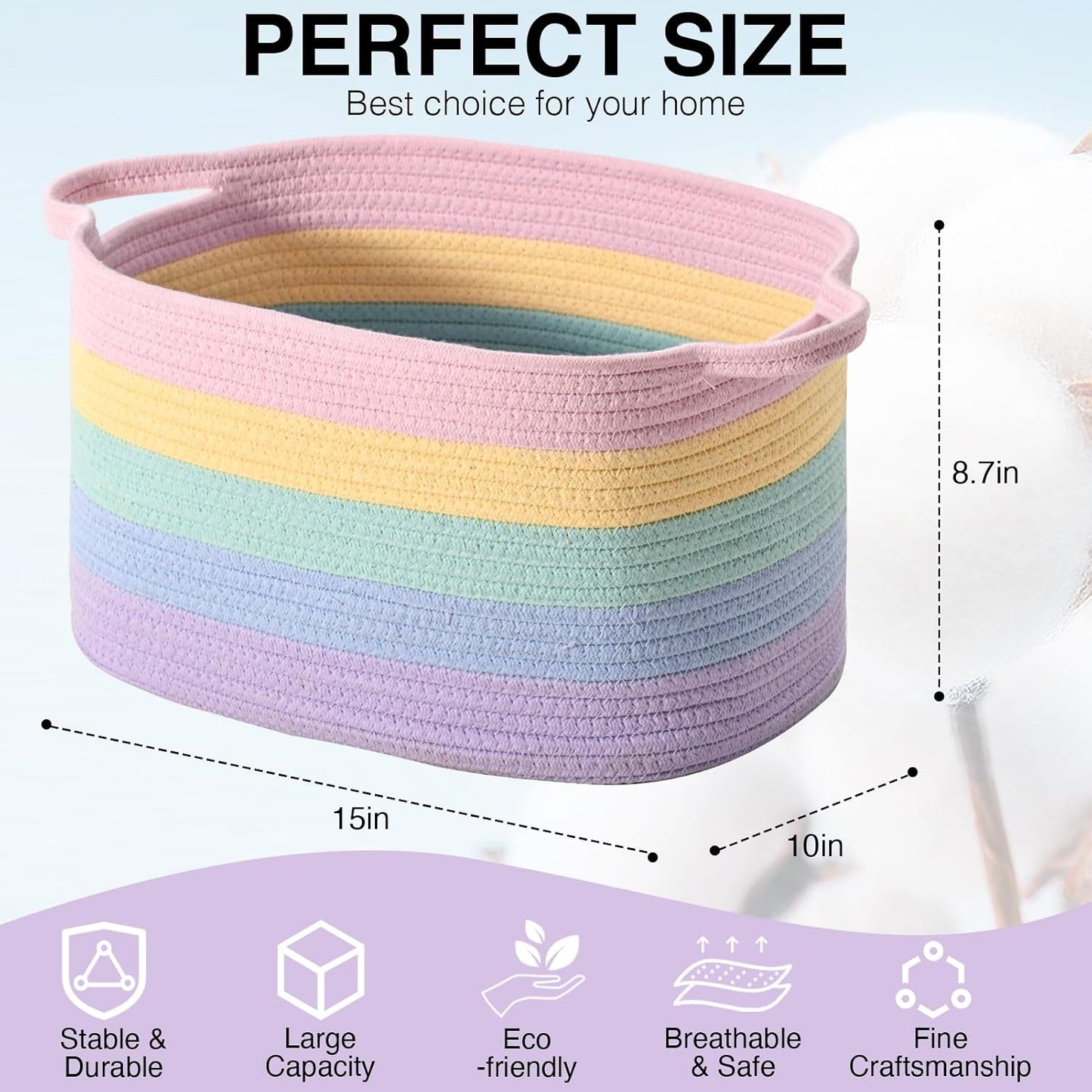 DUHEL Cotton Rope Woven Storage Basket (Rainbow-3Pcs) | Used for Baby Hamper Toy Organizer, Gift Baskets Empty,Kids,Baby,nursery. Size 15x10x8.7 Inches