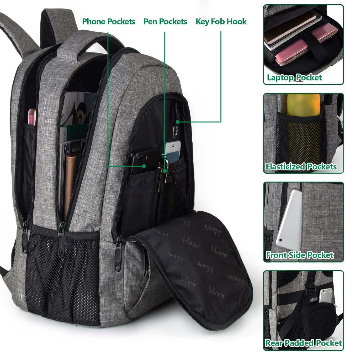 MATEIN Travel Laptop Backpack, Business Anti Theft Slim Sturdy Laptops Backpack Personal Item Bag, Water Resistant College School Computer Bag Gift for Men & Women Fits 15.6 Inch Notebook, Grey